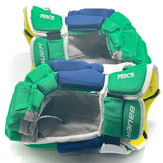 Bauer Supreme 1S - Used NHL Pro Stock Glove - Brett Pesce (Blue/Green/White) - Image 4