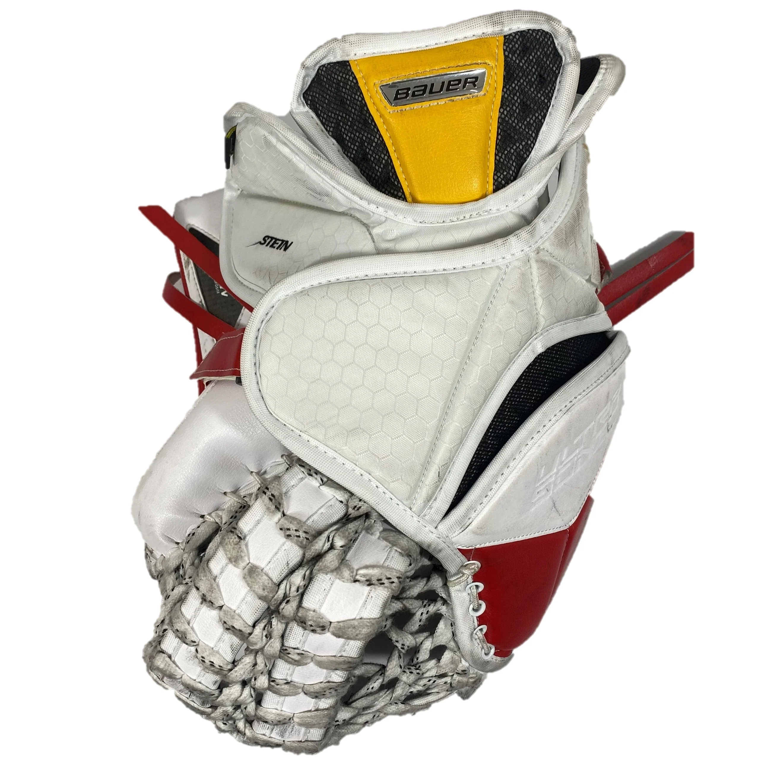Bauer Supreme 2S pro - Used Pro Stock Goalie Glove (White/Red/Yellow) - Image 3