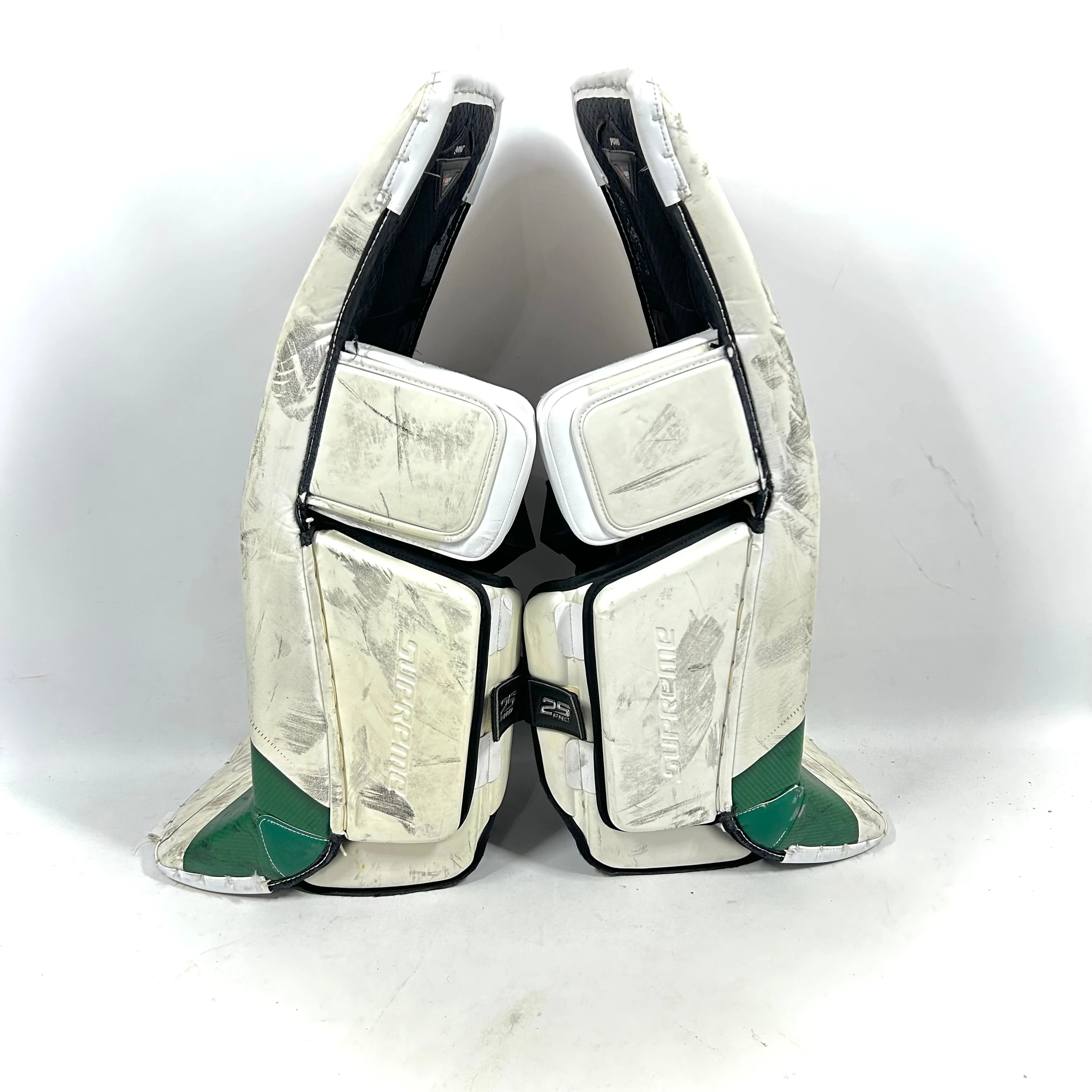Bauer Supreme 2S Pro - Used Pro Stock Goalie Pads - Full Set (White/Green) - Image 3