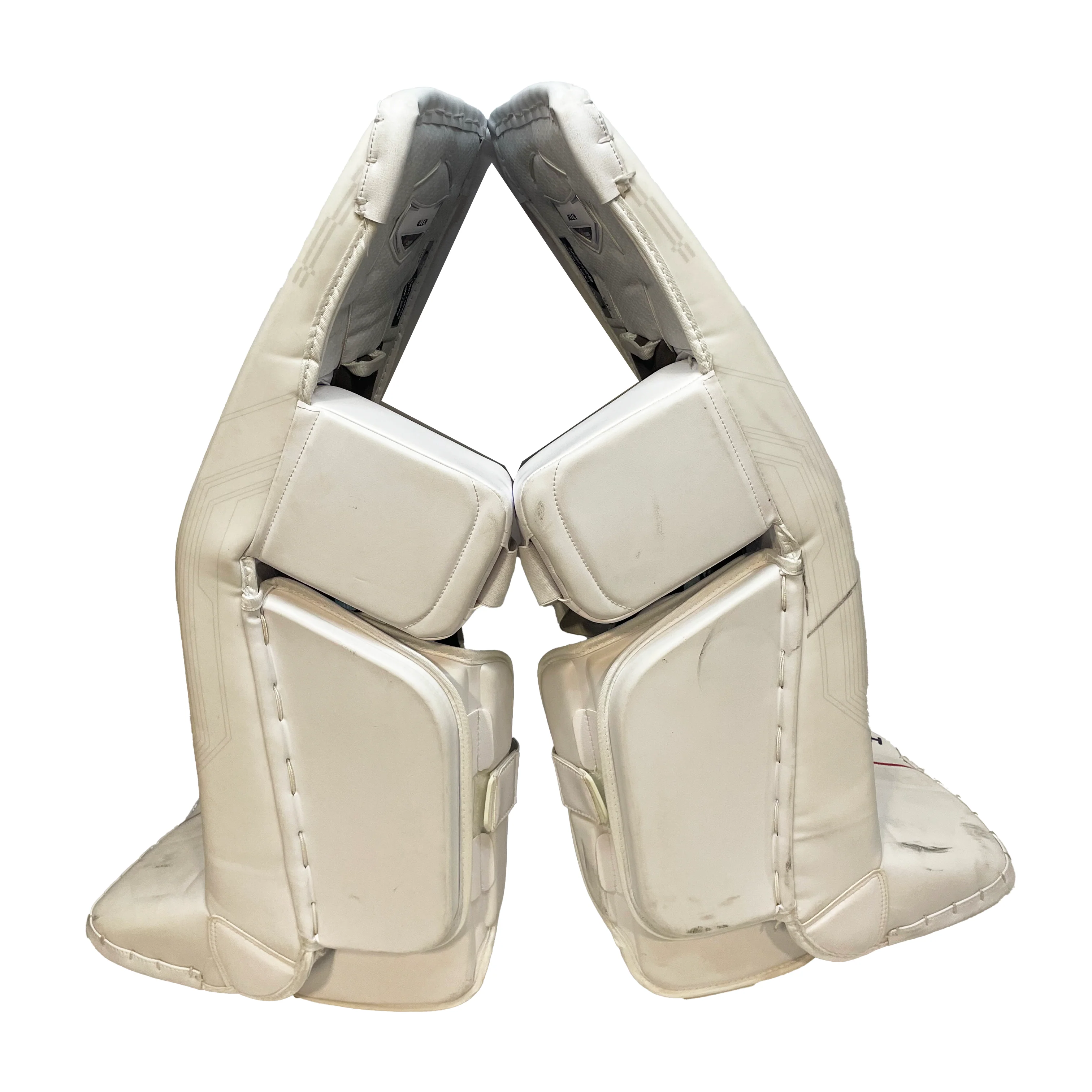 Bauer Supreme Mach - Used Jake Allen NHL Pro Stock Pad Set - Montreal Canadiens (White/Red/Blue) - Image 2
