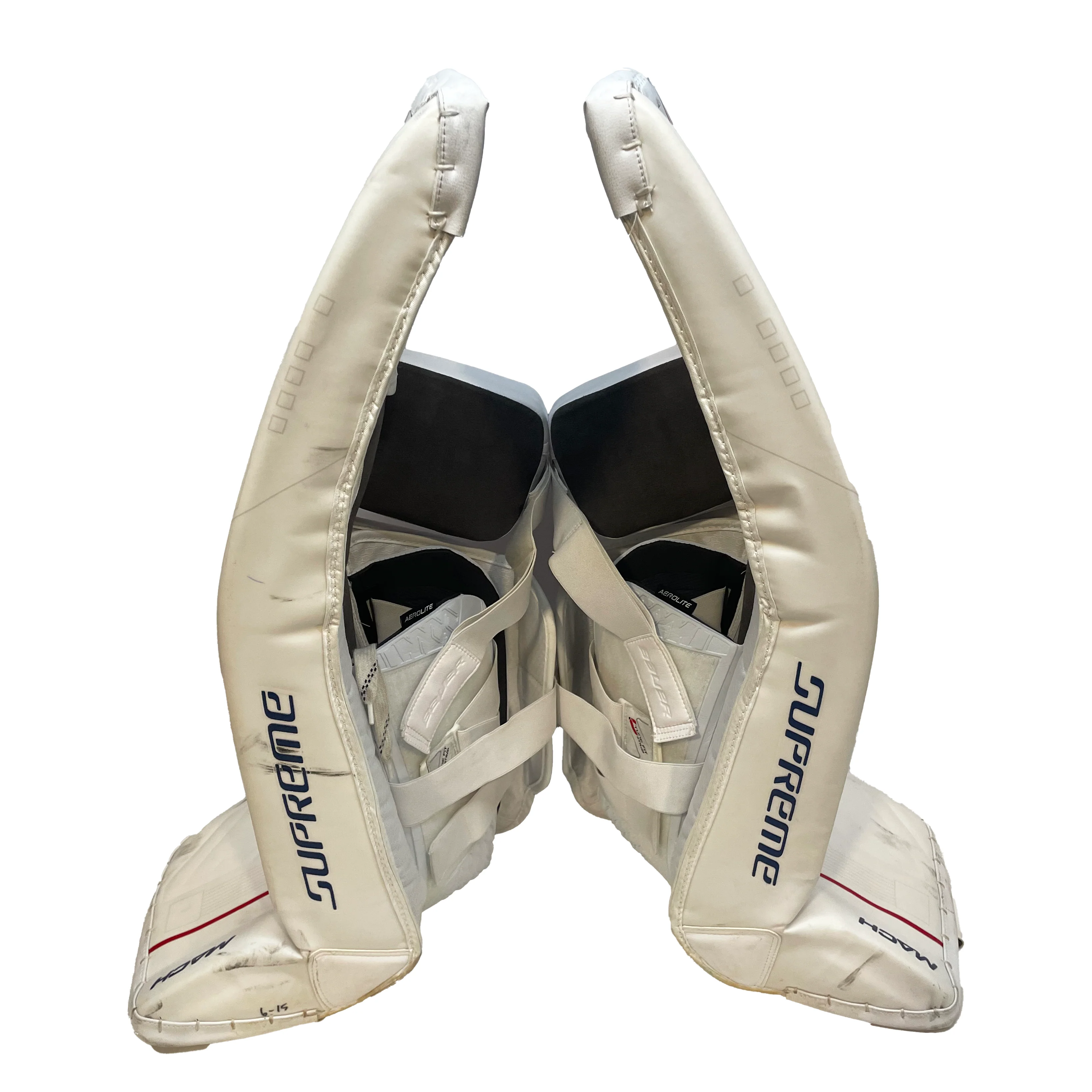 Bauer Supreme Mach - Used Jake Allen NHL Pro Stock Pad Set - Montreal Canadiens (White/Red/Blue) - Image 3