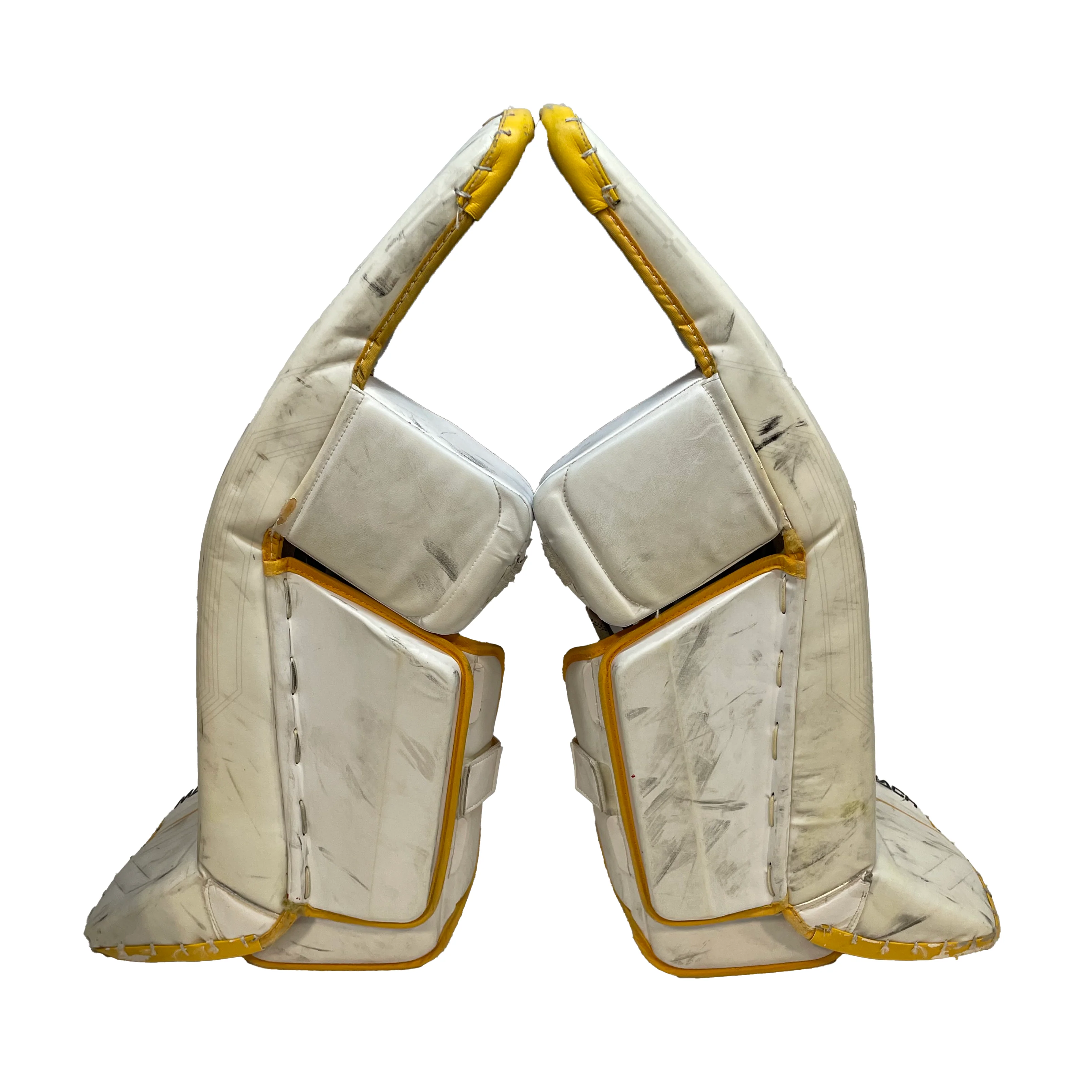 Bauer Supreme Mach - Used Pro Stock Goalie Pads (White/Navy/Yellow) - Image 3