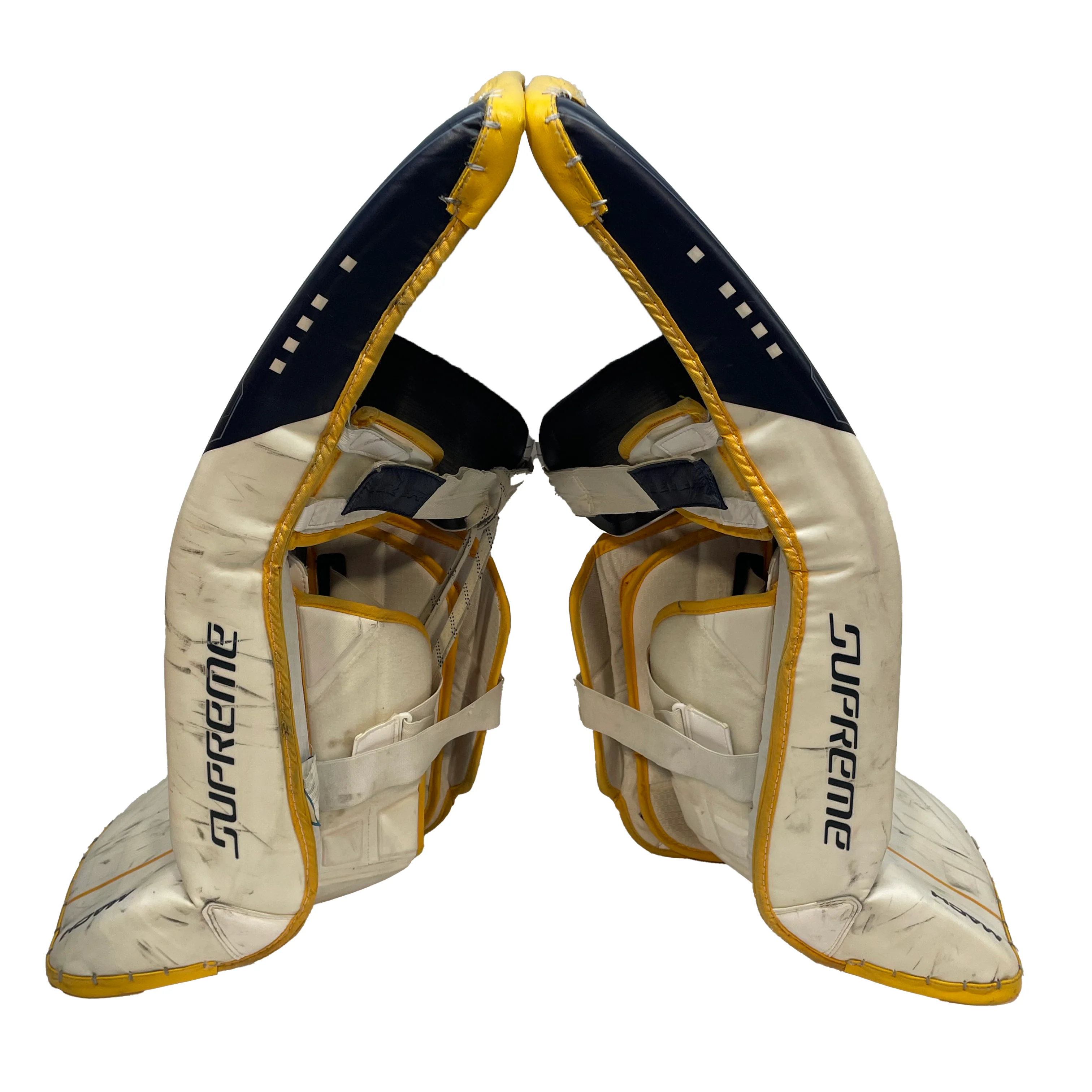 Bauer Supreme Mach - Used Pro Stock Goalie Pads (White/Navy/Yellow) - Image 4