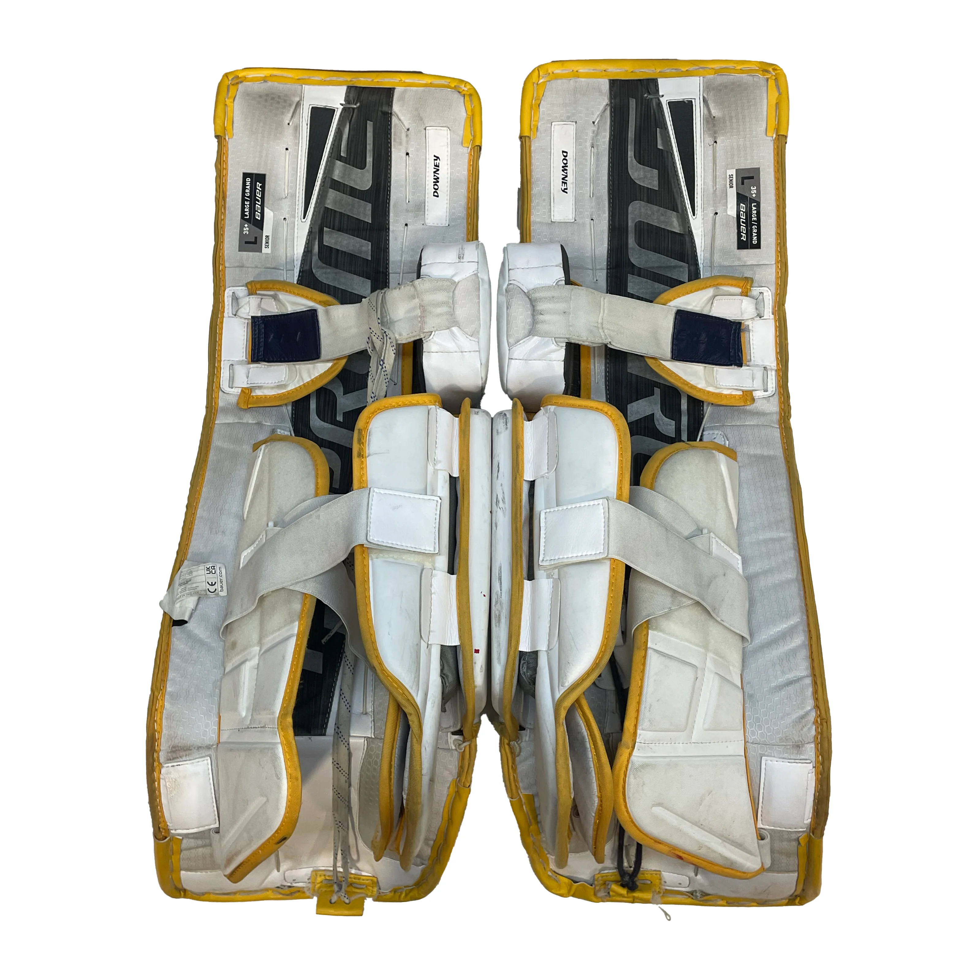 Bauer Supreme Mach - Used Pro Stock Goalie Pads (White/Navy/Yellow) - Image 5