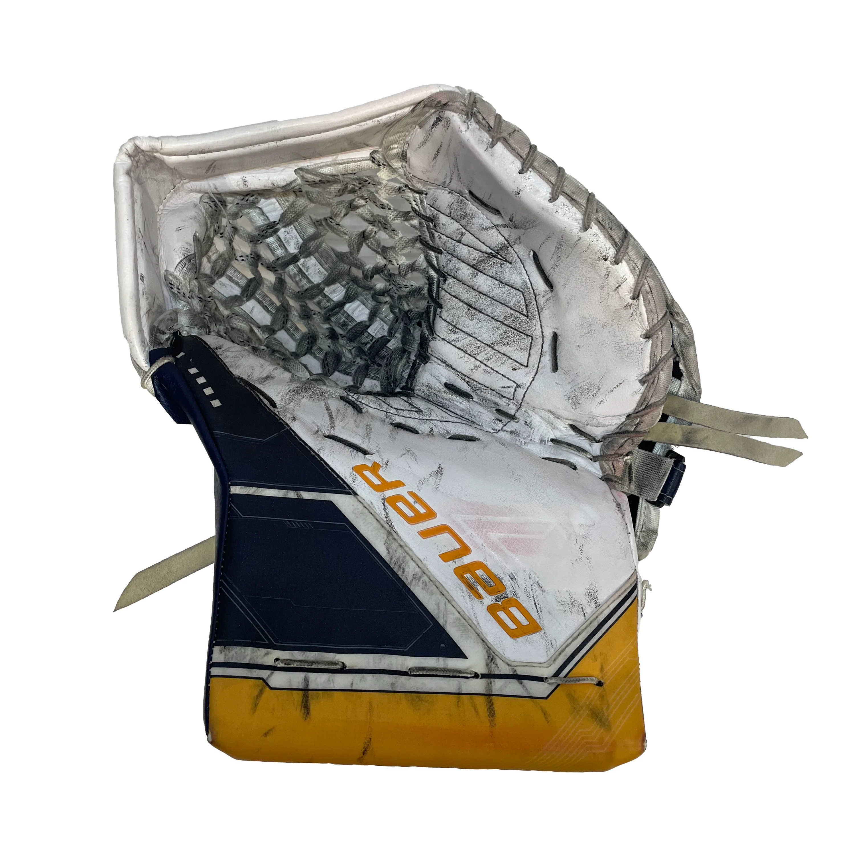 Bauer Supreme Mach - Used Pro Stock Goalie Pads (White/Navy/Yellow) - Image 6