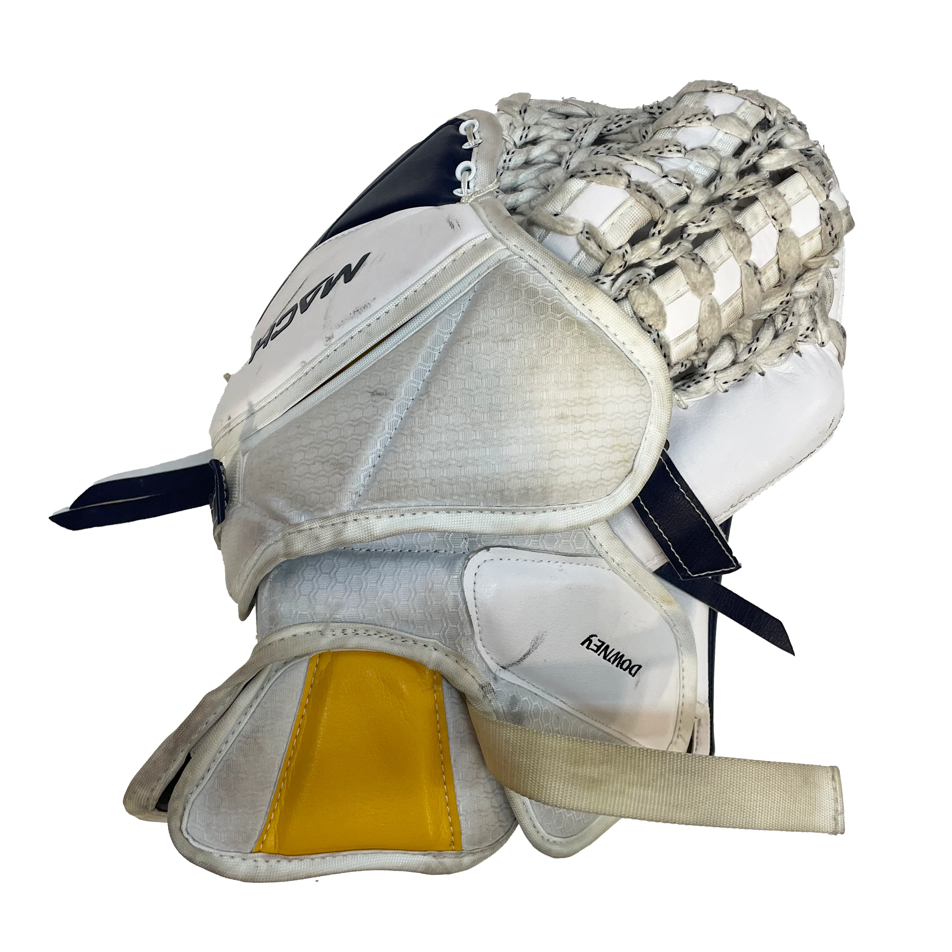 Bauer Supreme Mach - Used Pro Stock Goalie Pads (White/Navy/Yellow) - Image 7