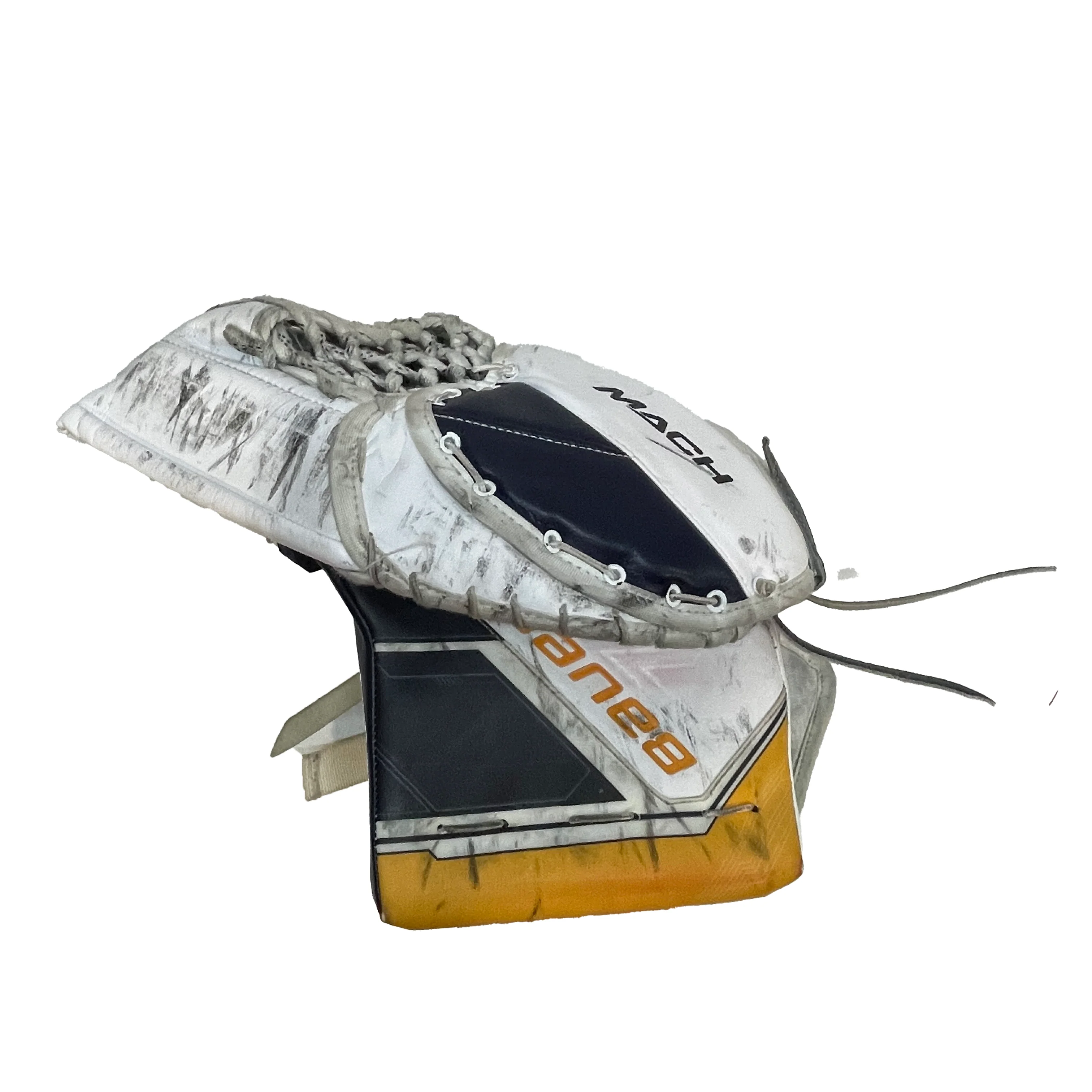 Bauer Supreme Mach - Used Pro Stock Goalie Pads (White/Navy/Yellow) - Image 8