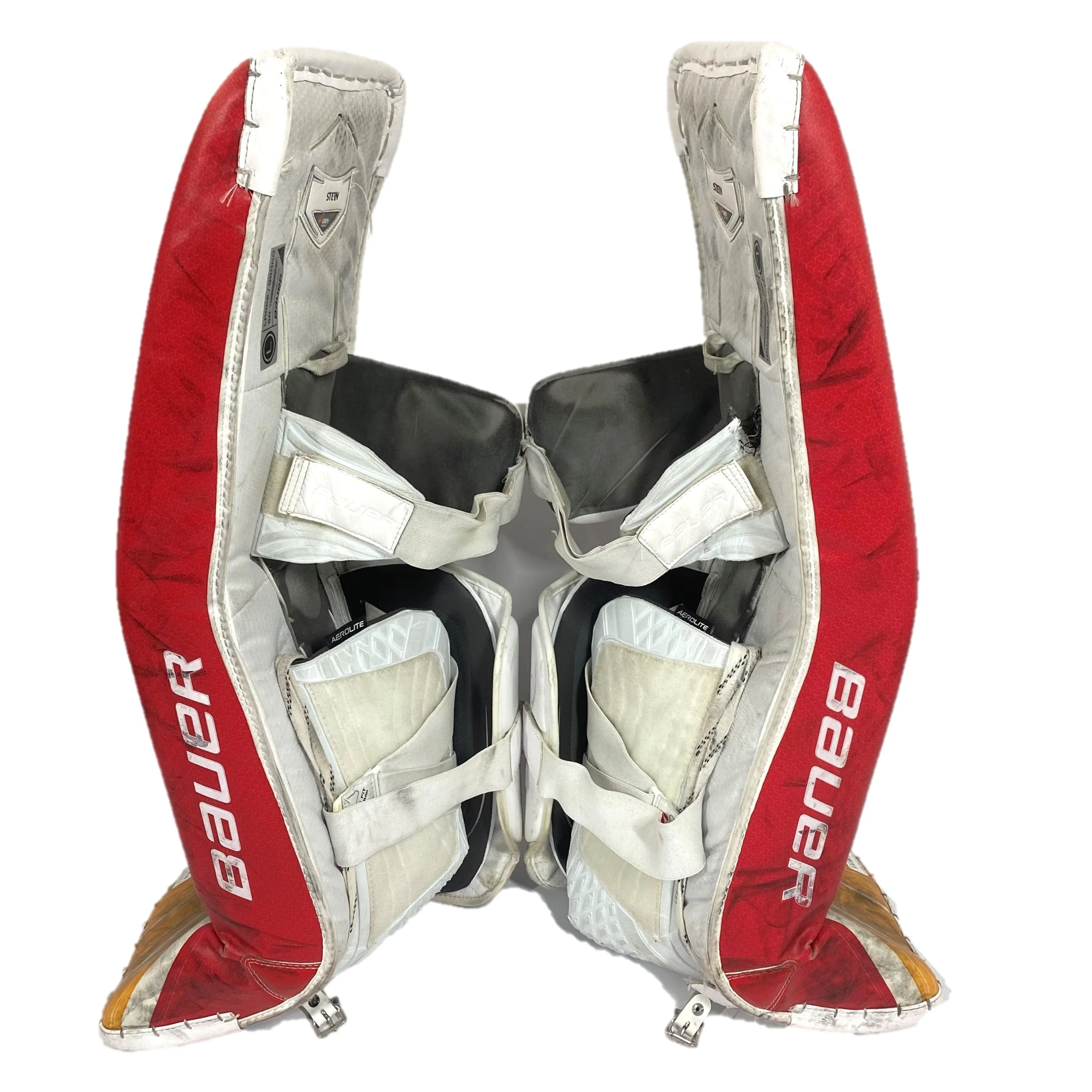 Bauer Supreme Ultrasonic - Used Pro Stock Goalie Pad Set (White/Red/Yellow) - Image 3