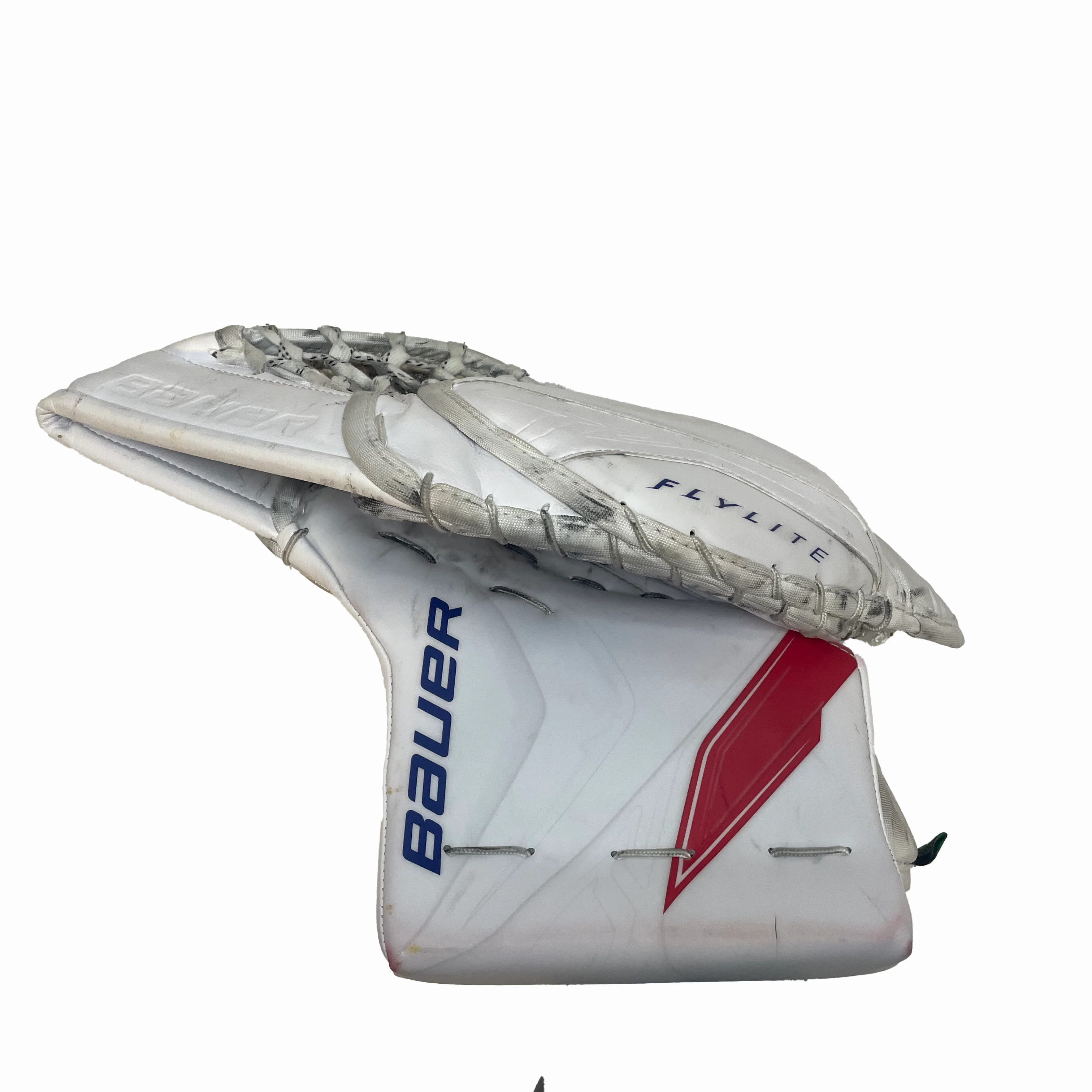 Bauer Vapor Flylite - Used Jacob Fowler NHL Pro Stock Goalie Glove - Montreal Canadiens (White/Blue/Red) - Image 2