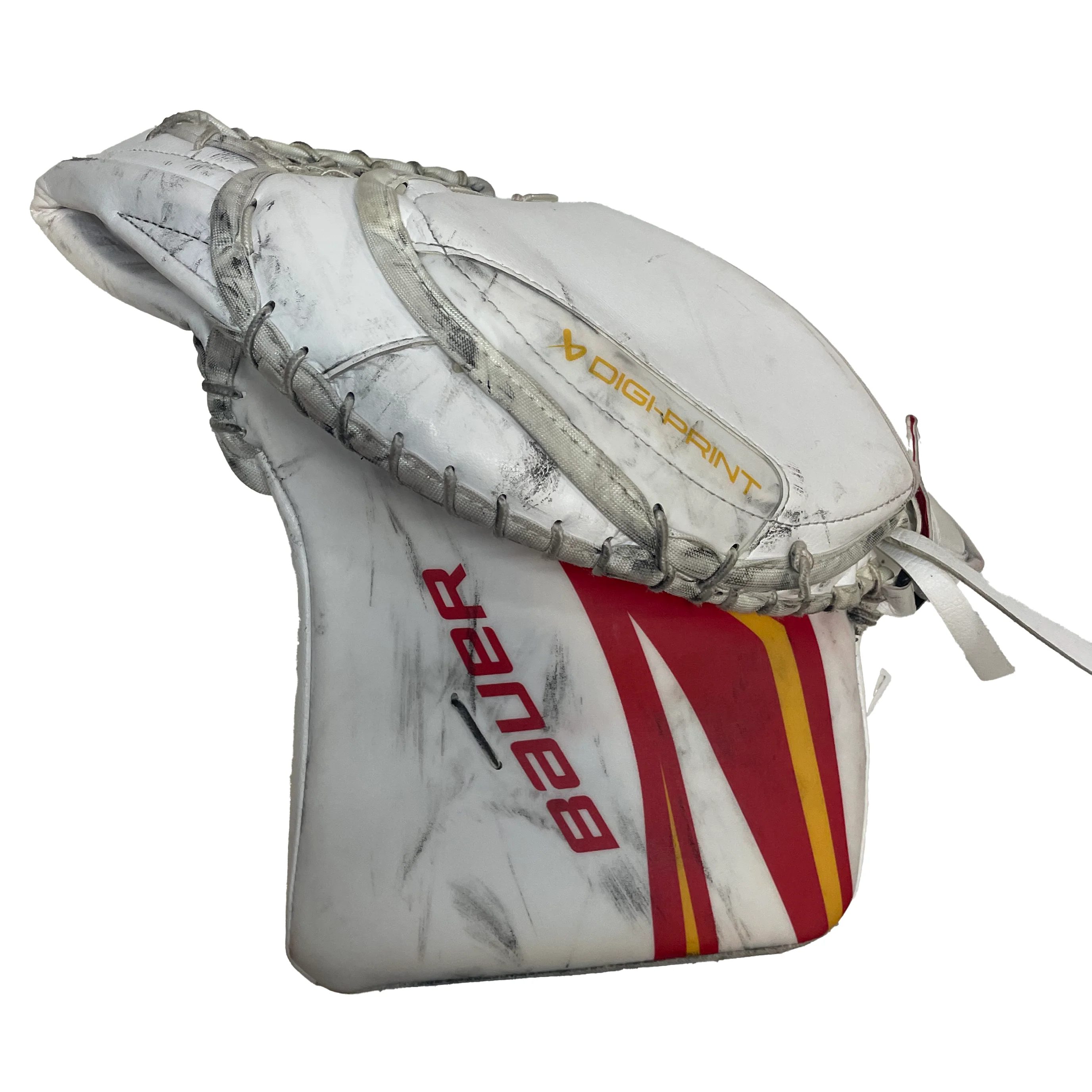 Bauer Vapor Hyperlite 2 - Used AHL Pro Stock Goalie Glove (White/Red/Yellow) *Practice Palm - Image 3