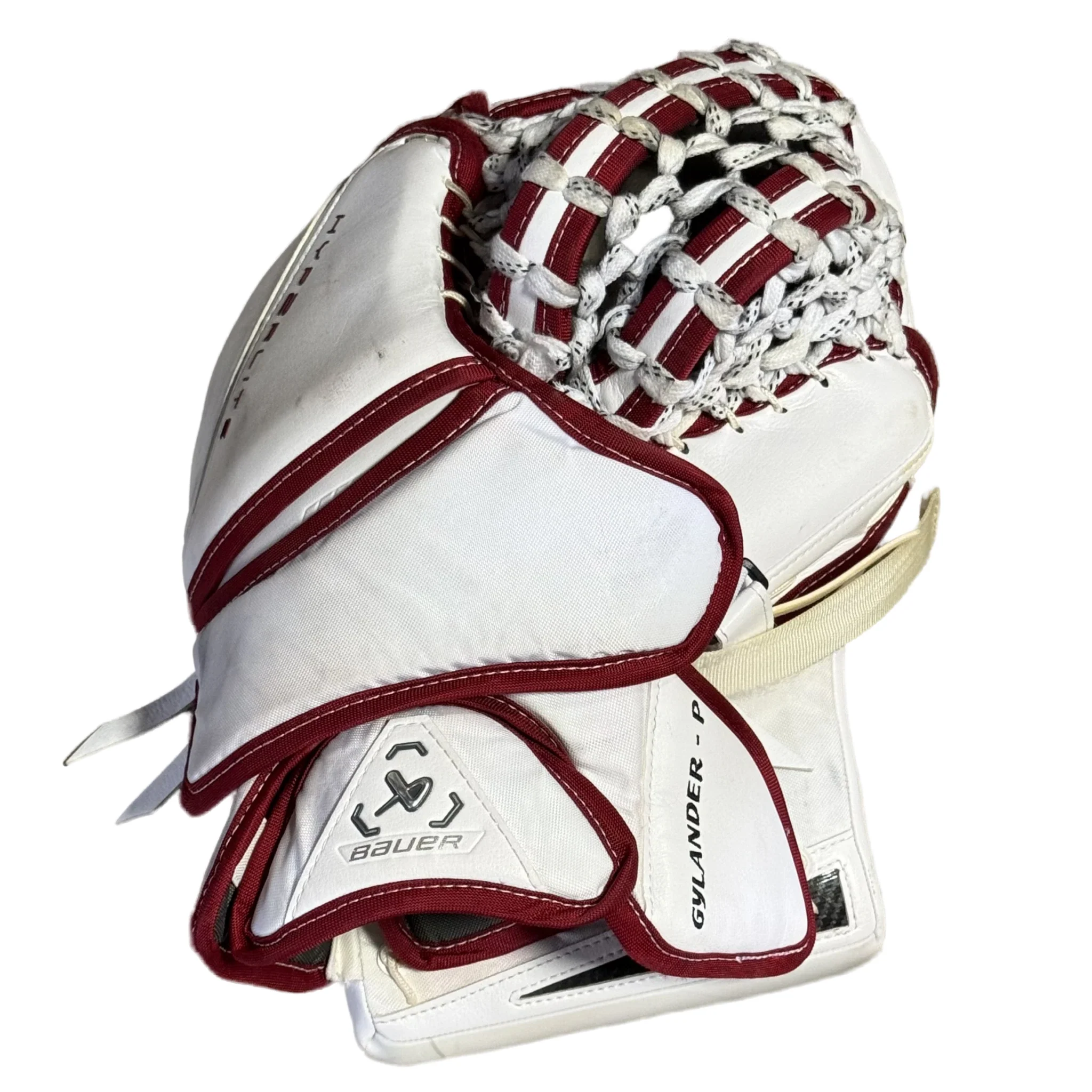 Bauer Vapor Hyperlite 2 - Used NCAA Pro Stock Goalie Glove (White/Maroon) - Image 2