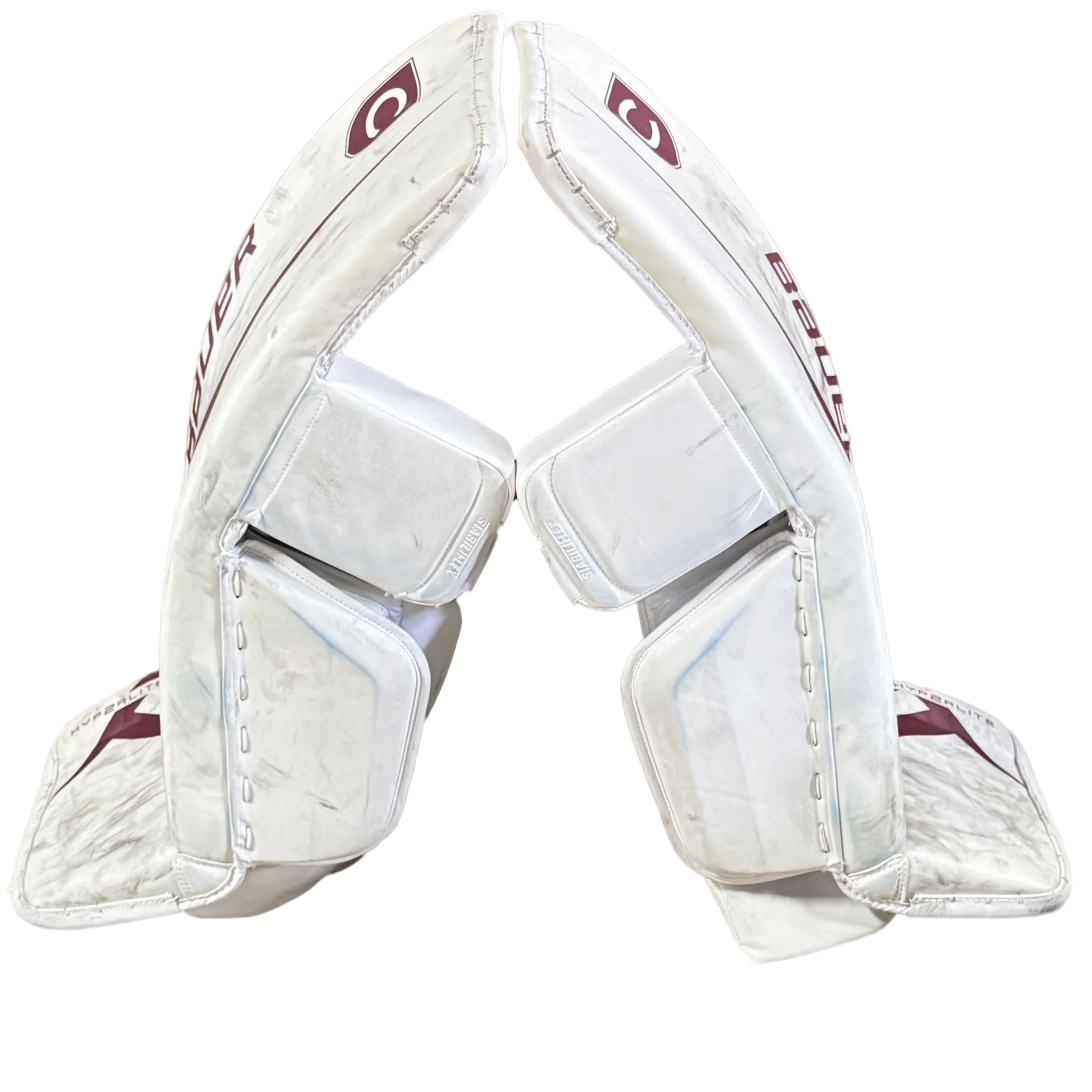 Bauer Vapor Hyperlite 2 - Used NCAA Pro Stock Goalie Pads (White/Maroon) - Image 2