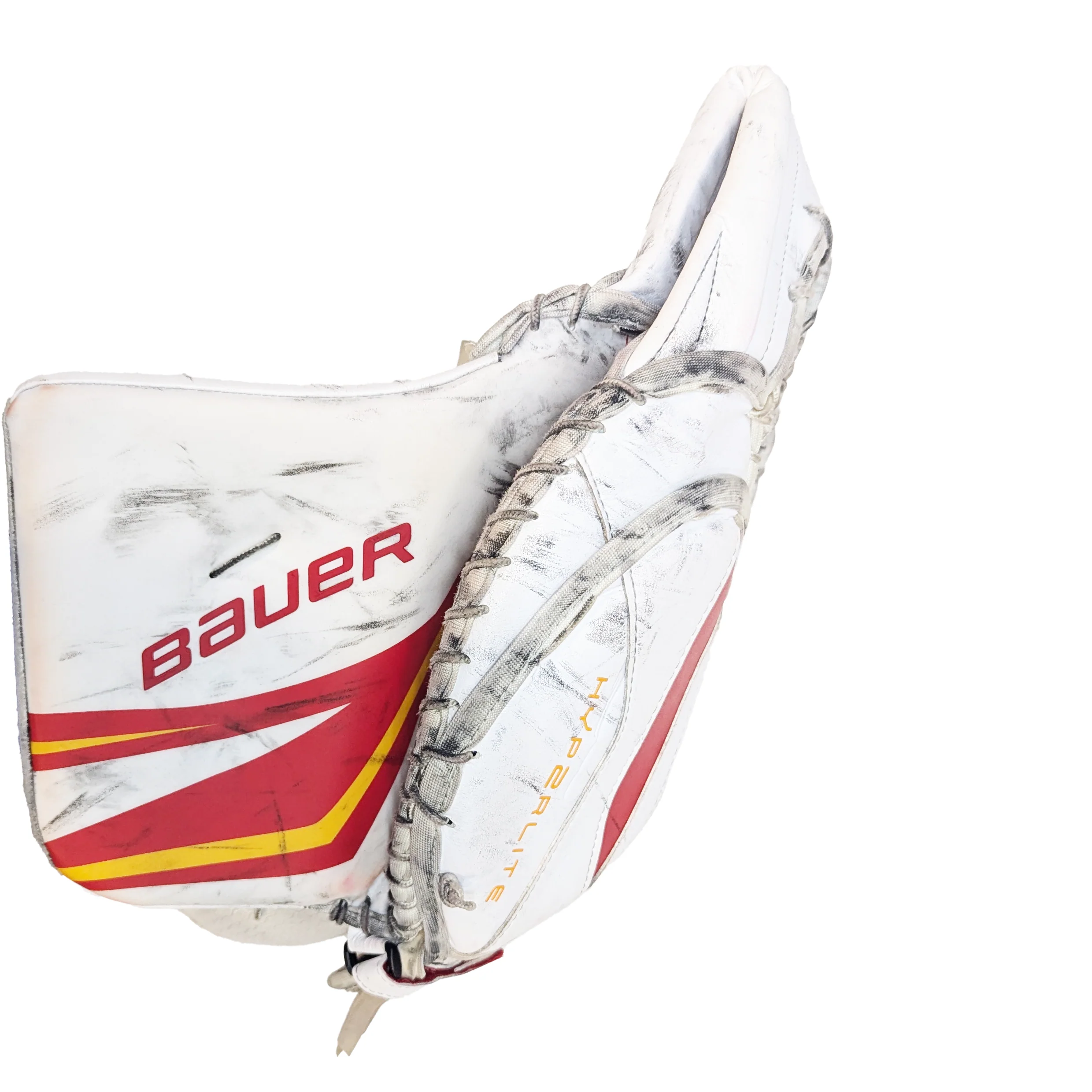 Bauer Vapor Hyperlite 2 - Used Pro Stock Goalie Glove (White/Red/Yellow) - Image 2