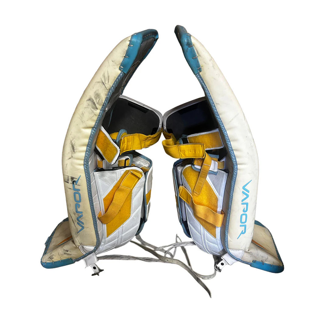 Bauer Vapor Hyperlite - Used Pro Stock Goalie Pads (White/Blue/Yellow) #2 - Image 4