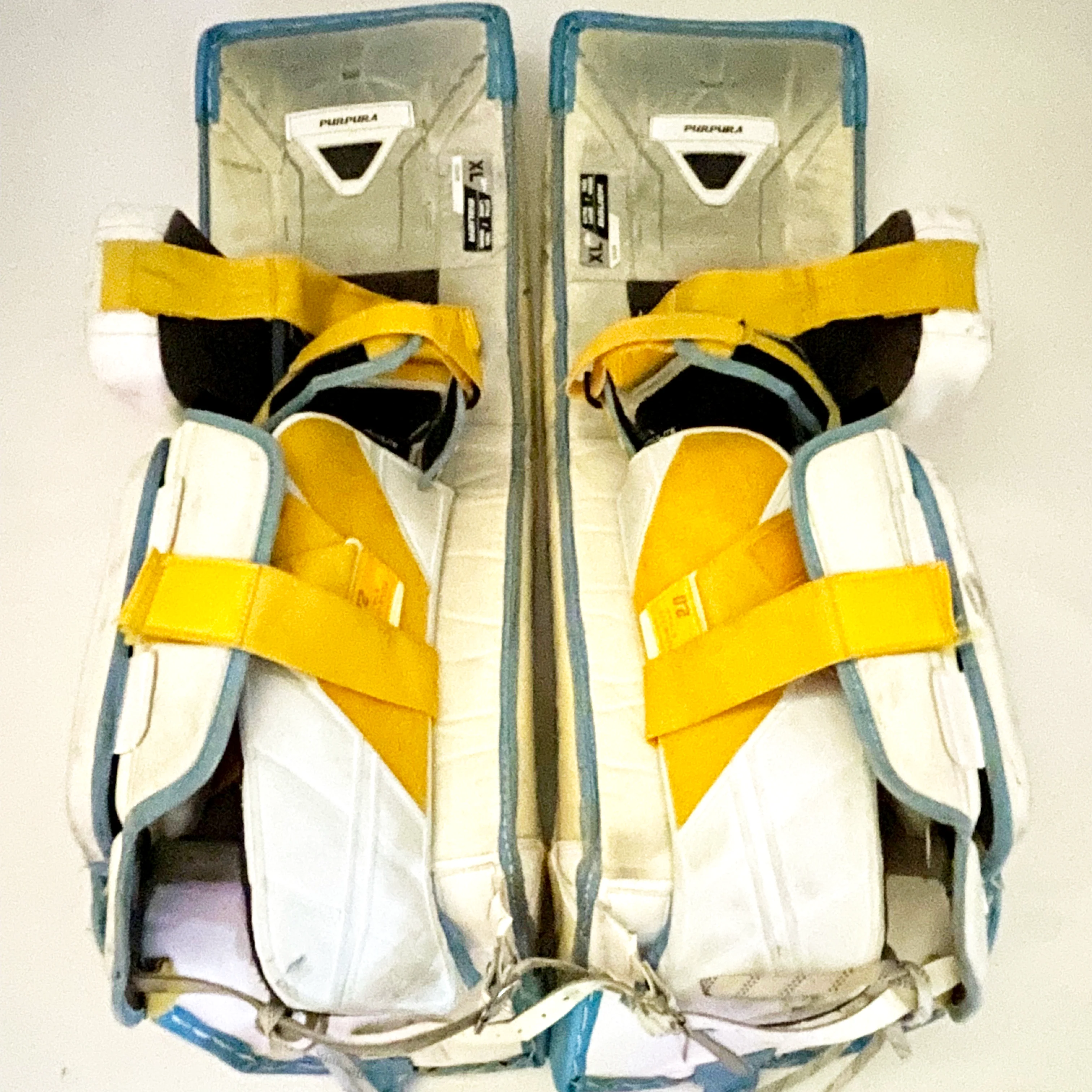 Bauer Vapor Hyperlite - Used Pro Stock Goalie Pads (White/Blue/Yellow) - Image 2