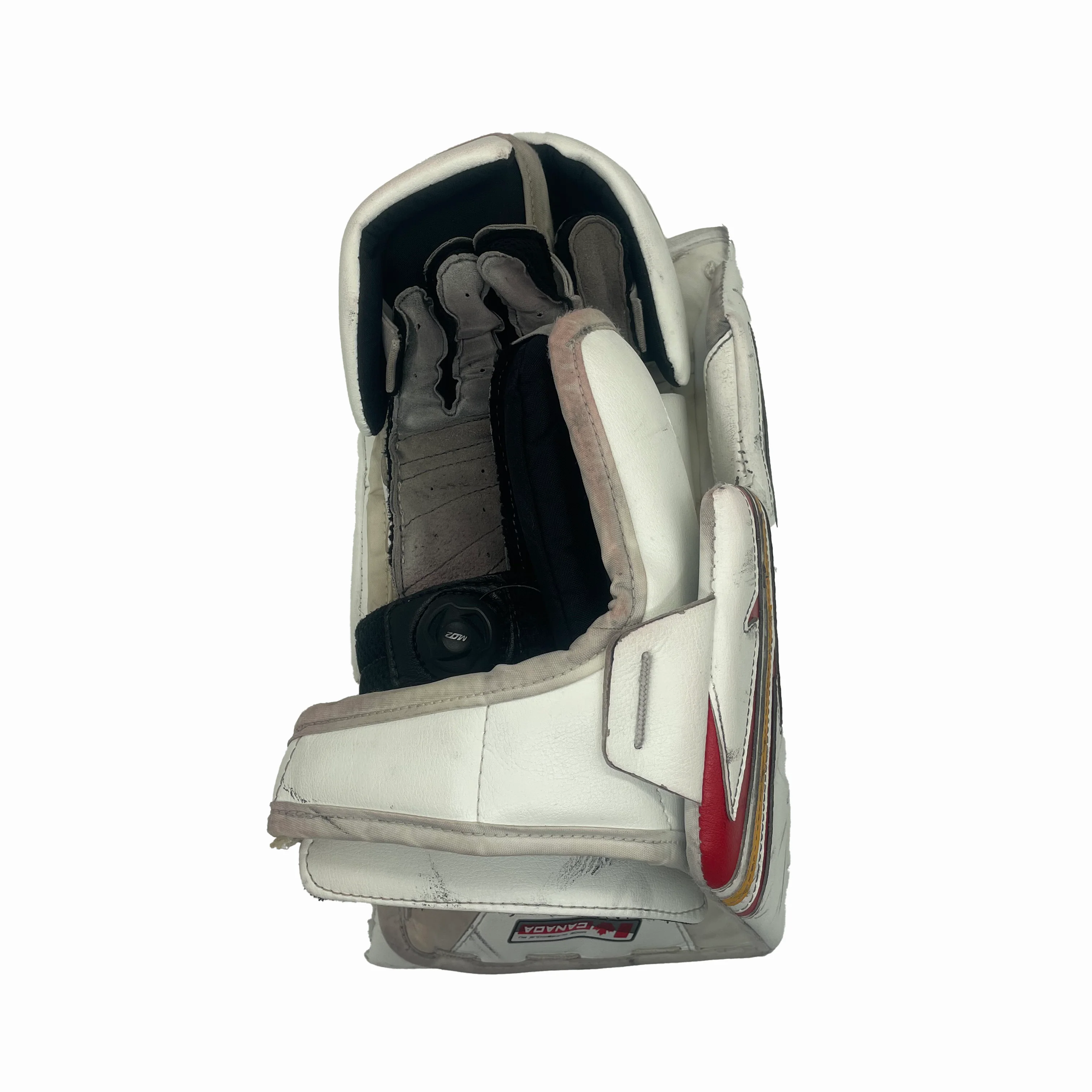 Brians Icon1k - Used AHL Pro Stock Goalie Blocker (White/Red/Yellow) - Image 3