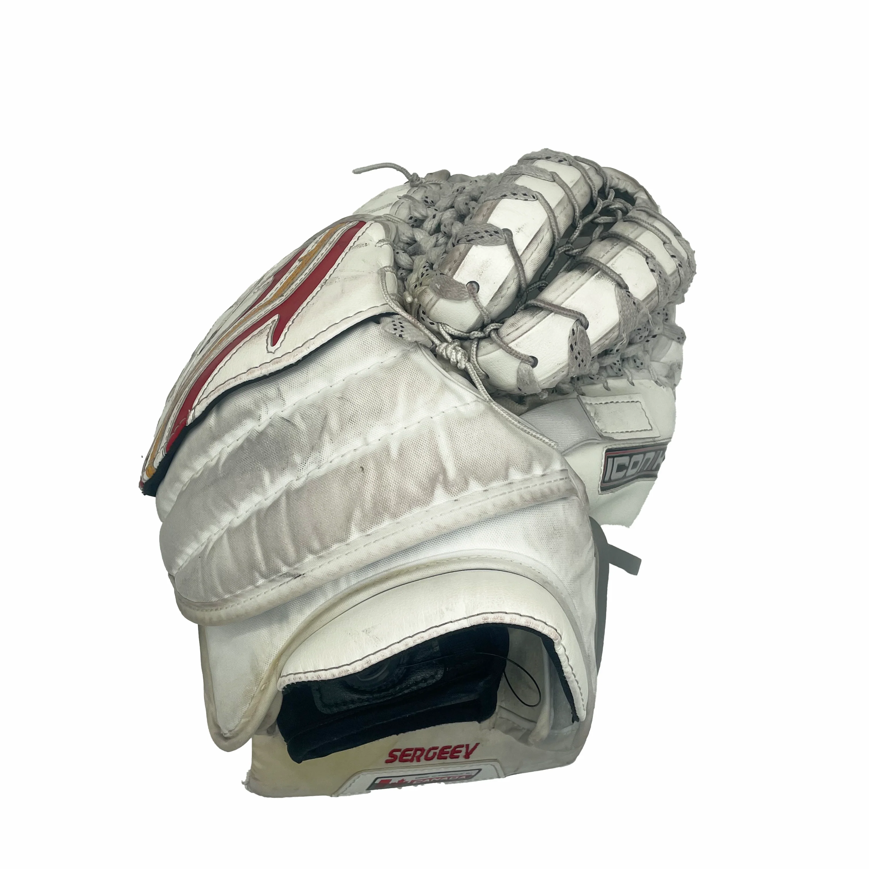 Brians Icon1k - Used AHL Pro Stock Goalie Glove (White/Red/Yellow) - Image 3