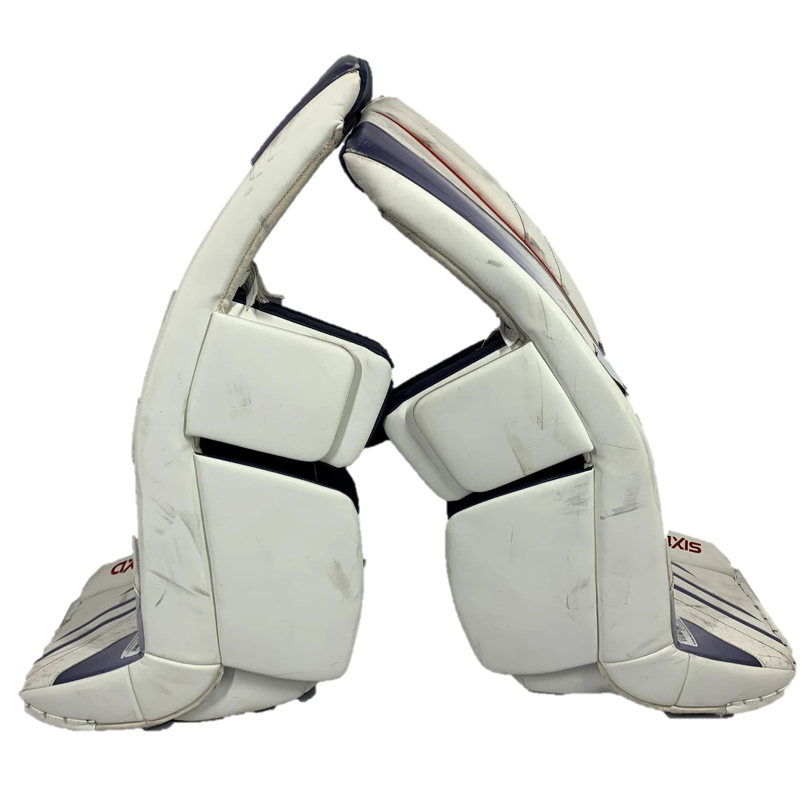 CCM AXIS - Used Pro Stock Goalie Pads (White/Blue/Red) - Image 2