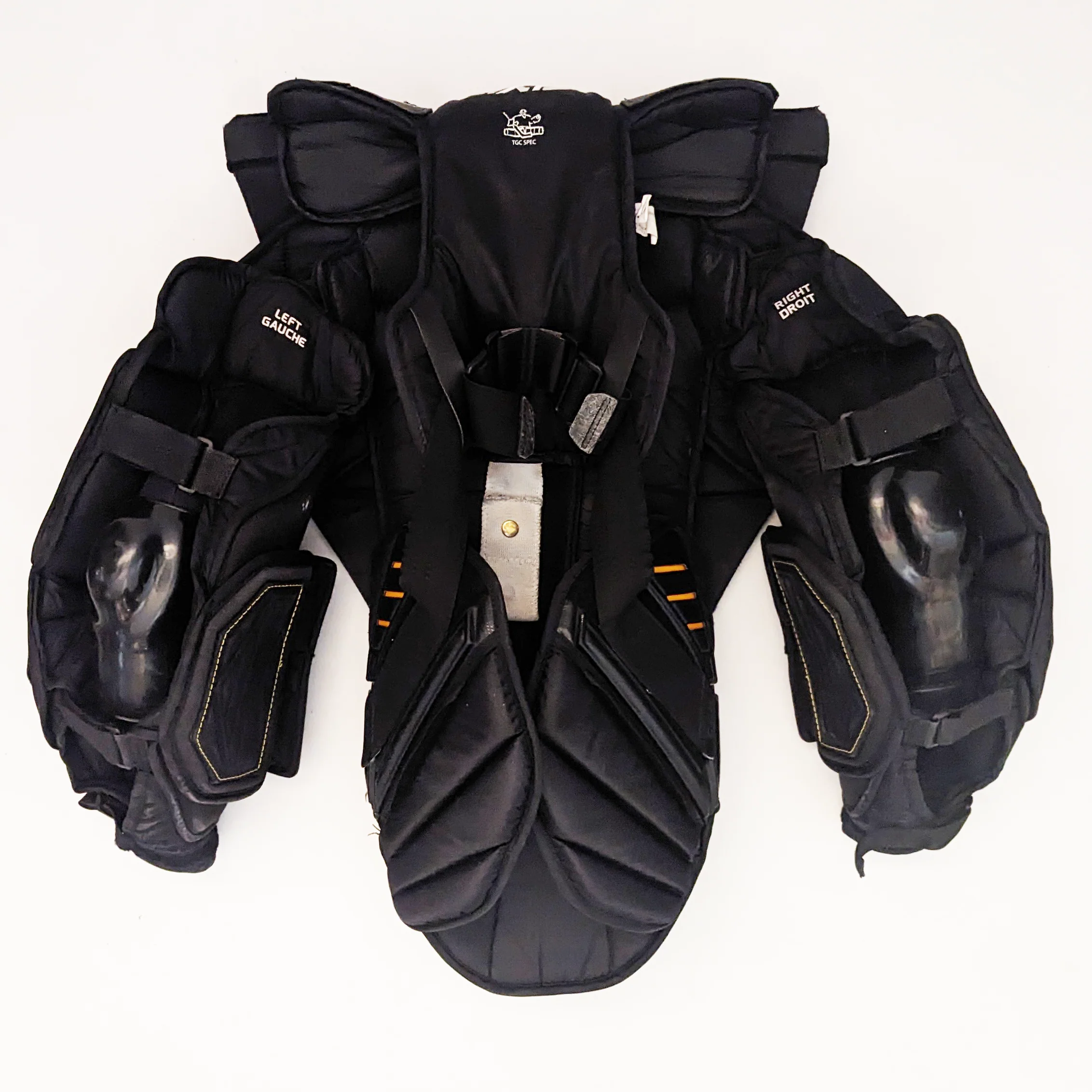CCM Axis - Used Pro Stock Goalie Chest Protector with Premier Arms (Black/Yellow) - Image 2