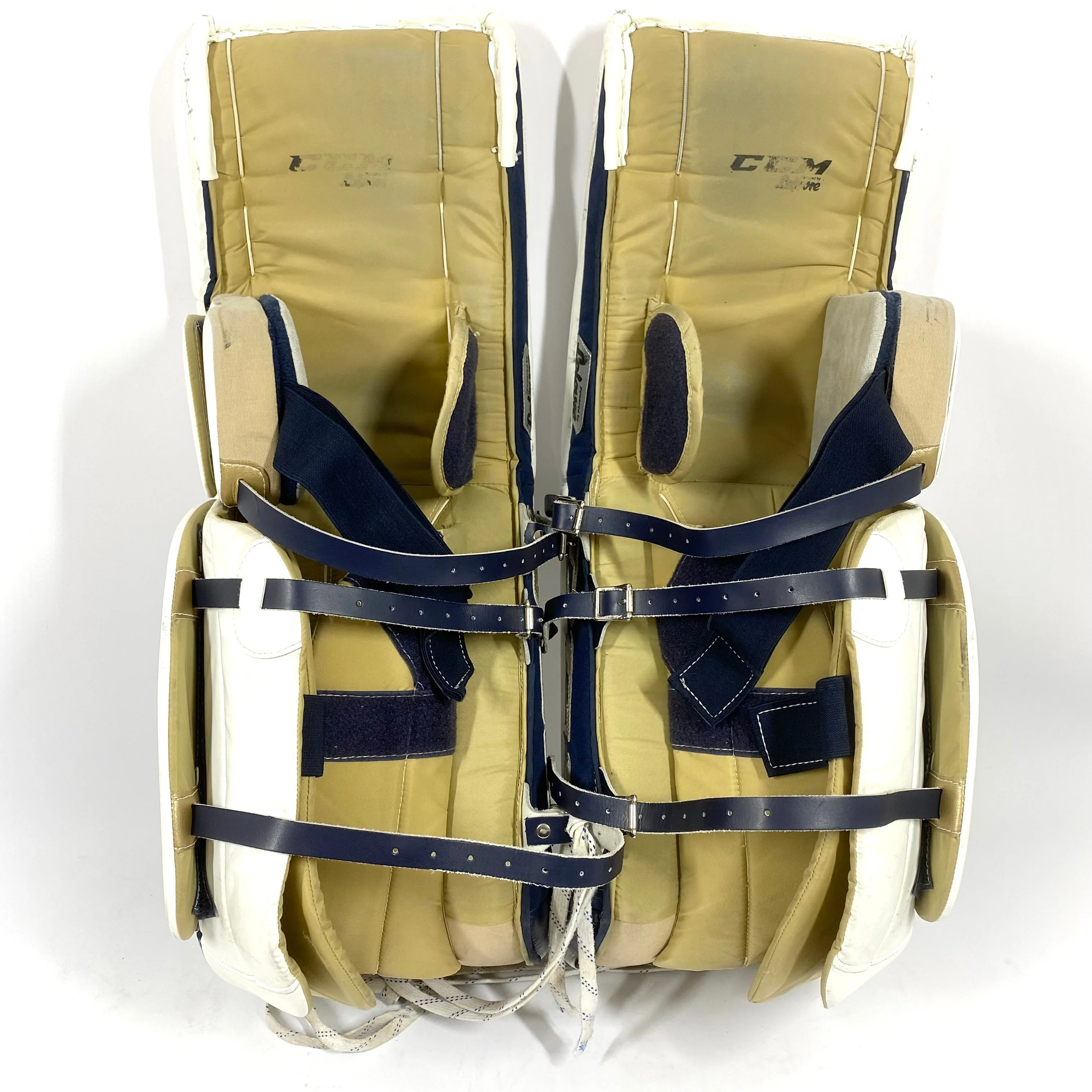 CCM Extreme Flex 4 - Used Pro Stock Goalie Pads - (White/Navy/Gold) - Image 3