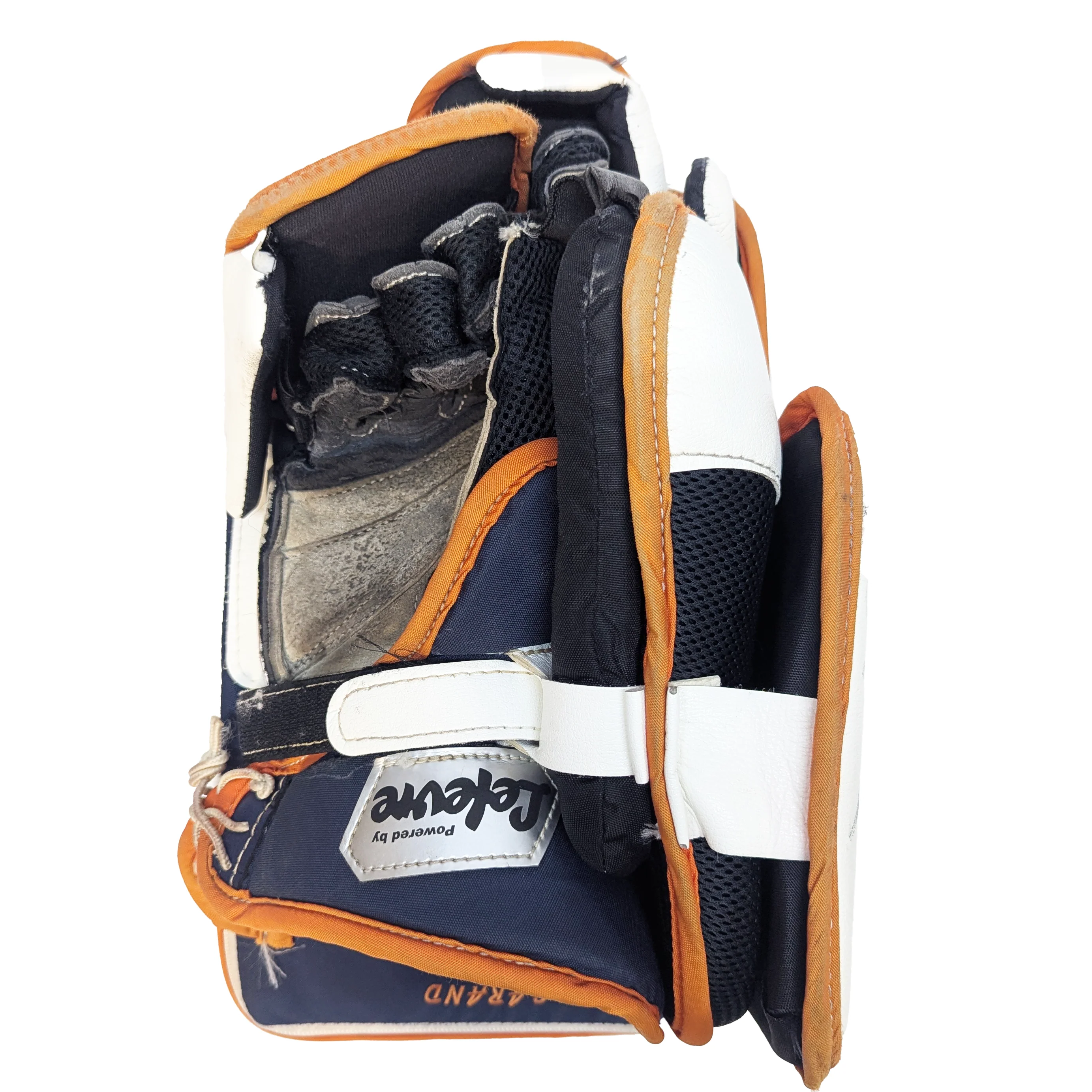 CCM Extreme Flex 4 - Used WHL Pro Stock Goalie Blocker (White/Navy/Orange) - Image 2