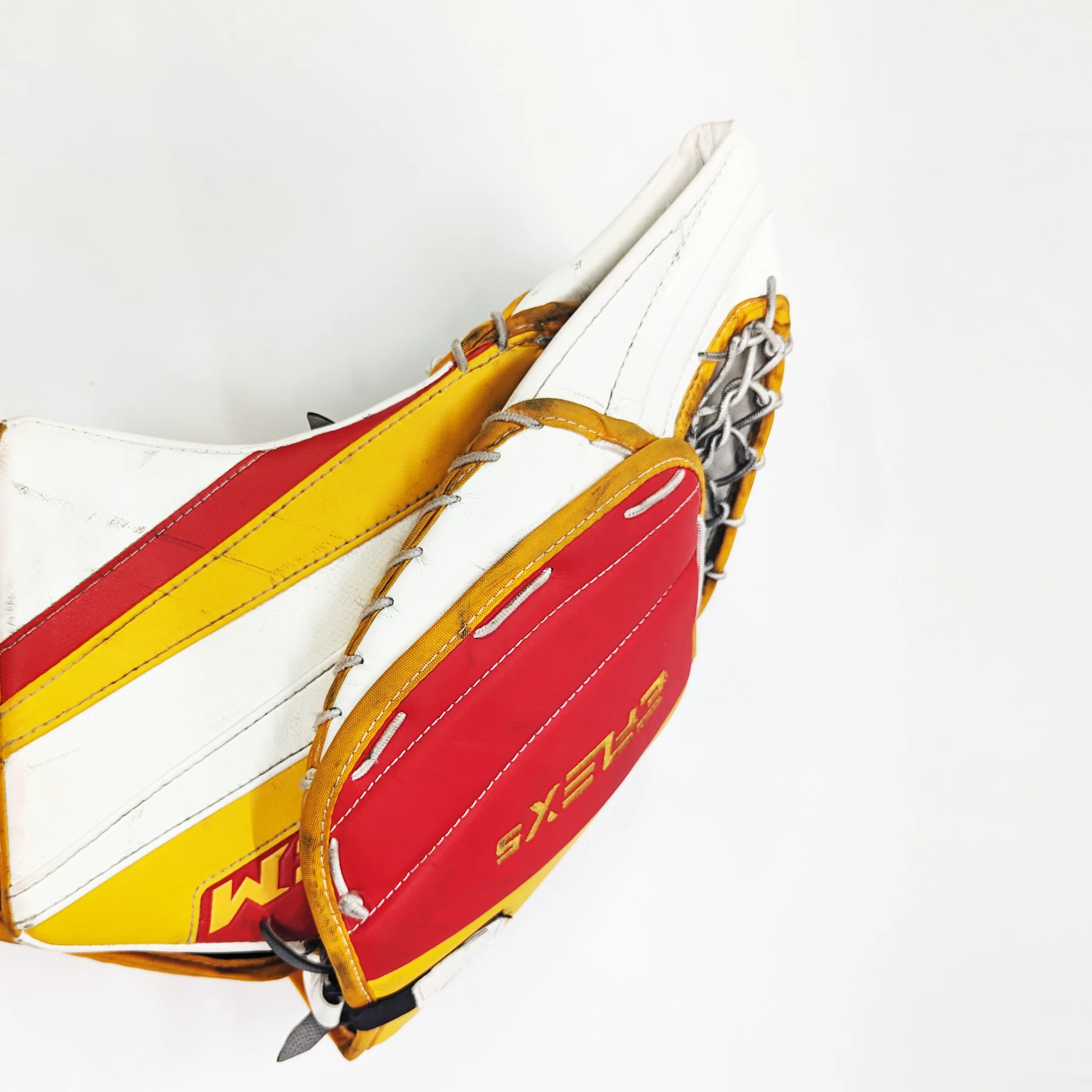 CCM Extreme Flex 5 - Used AHL Pro Stock Goalie Pads (White/Red/Yellow) - Image 7
