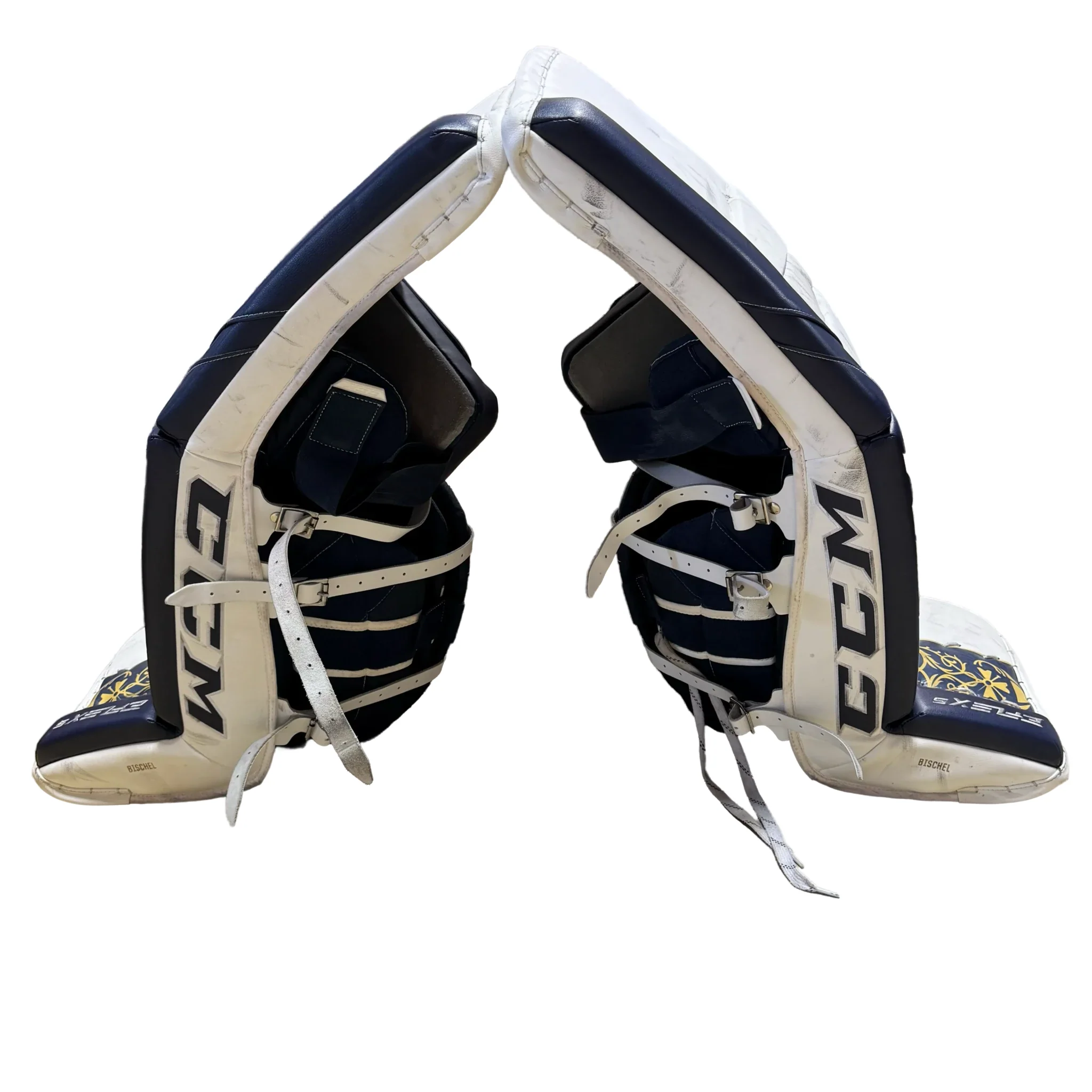 CCM Extreme Flex 5 - Used NCAA Pro Stock Goalie Pads (White/Navy/Gold) - Image 3