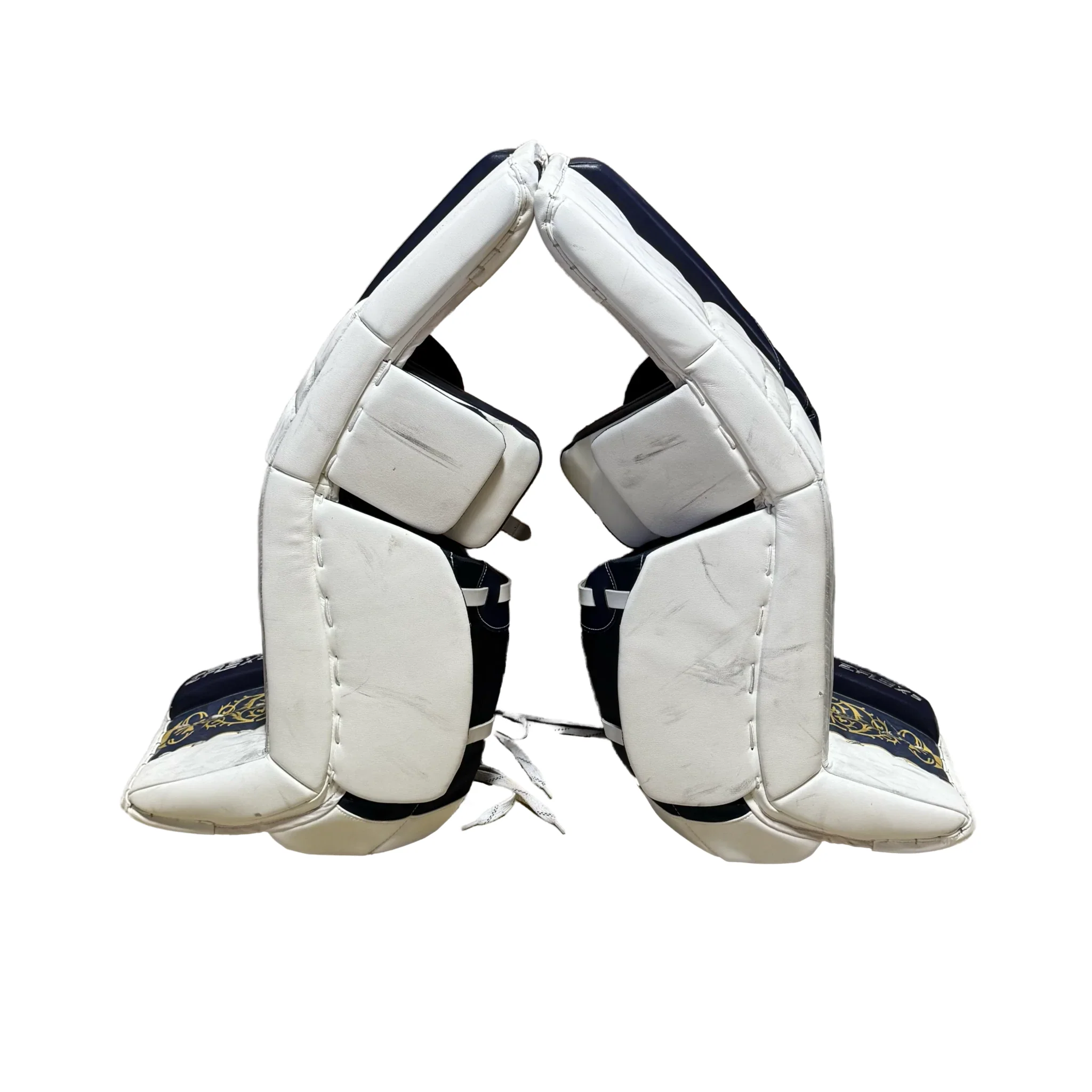 CCM Extreme Flex 5 - Used NCAA Pro Stock Goalie Pads (White/Navy/Gold) - Image 4