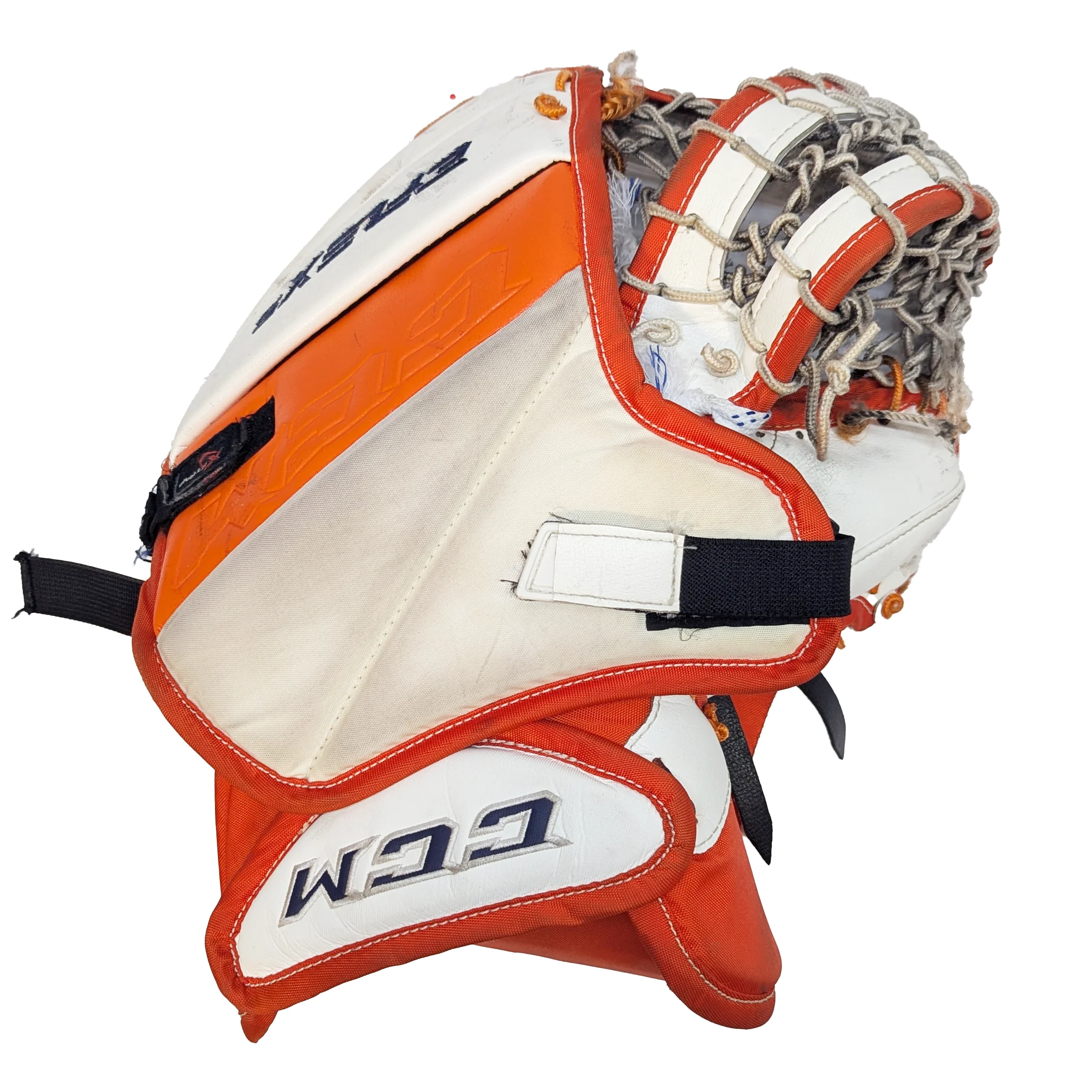 CCM Extreme Flex 5 - Used Pro Stock Goalie Glove (White/Orange/Navy) - Image 2