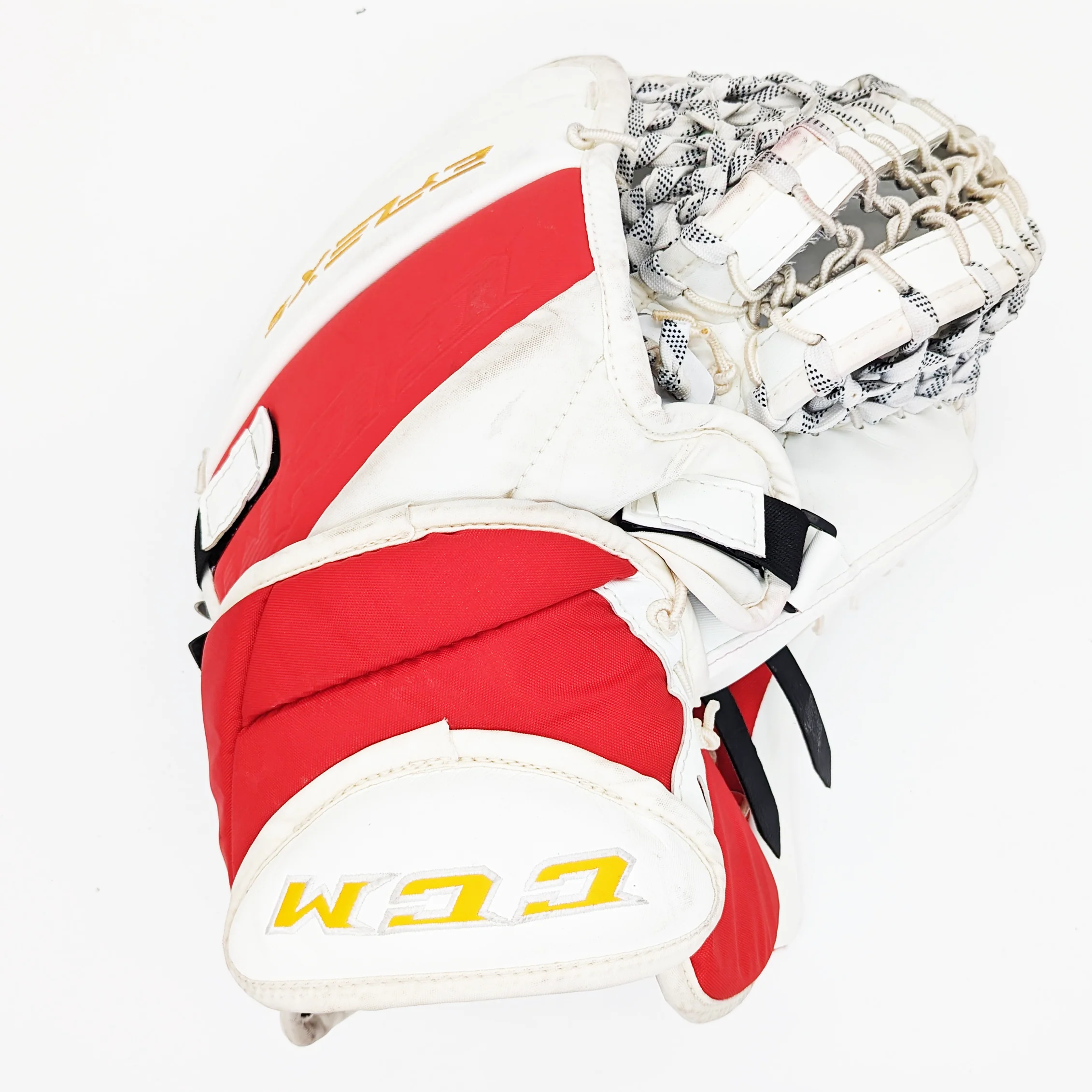 CCM Extreme Flex 5 - Used Pro Stock Goalie Glove (White/Yellow/Red) - Image 2