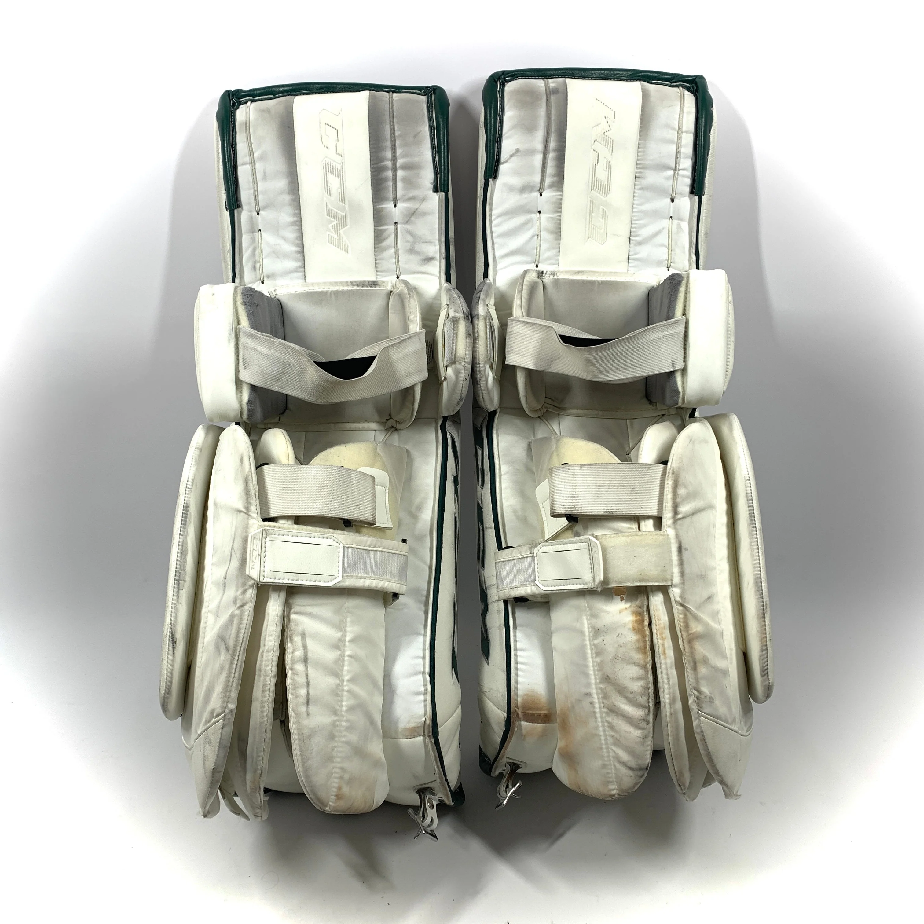 CCM Extreme Flex 5 - Used Pro Stock Goalie Pads (White/Green) - Image 3