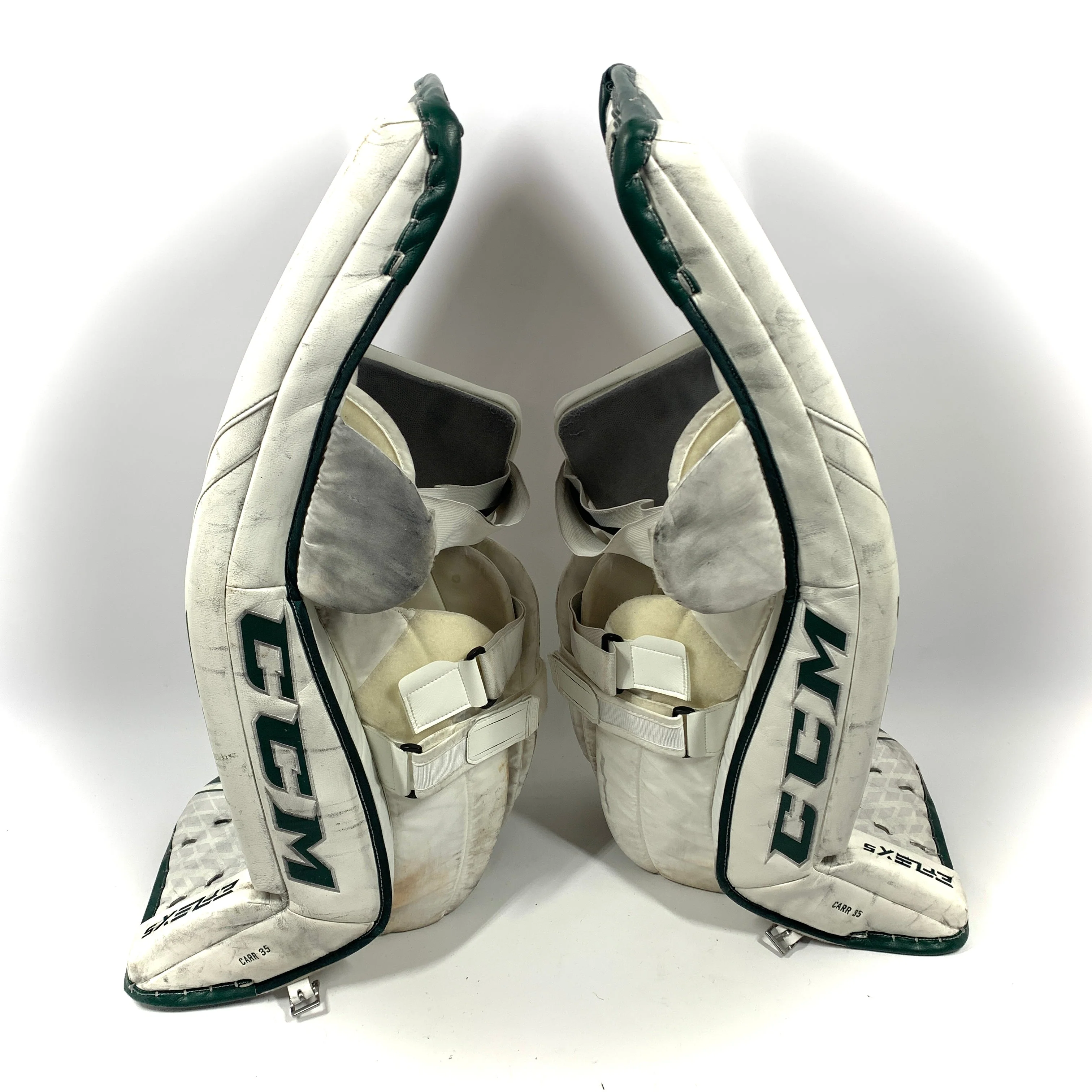 CCM Extreme Flex 5 - Used Pro Stock Goalie Pads (White/Green) - Image 4
