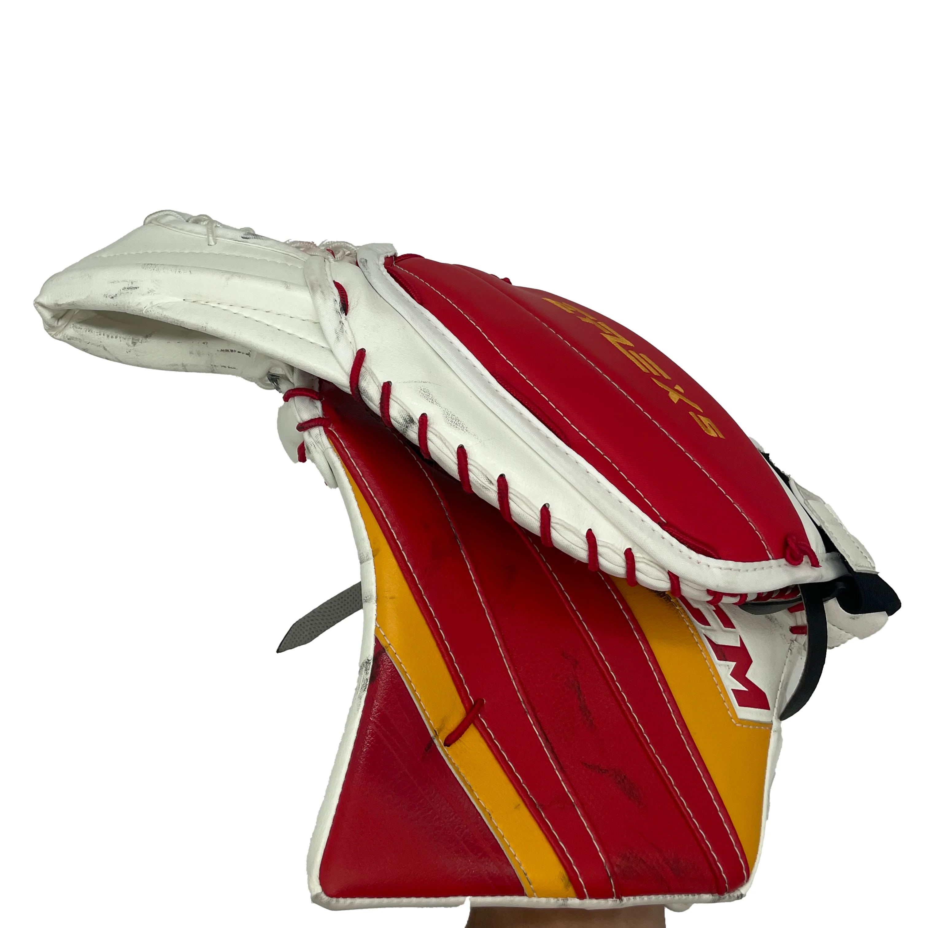 CCM Extreme Flex 5 - Used Pro Stock NHL Goalie Glove - Jacob Markstrom (White/Red/Yellow) - Image 2
