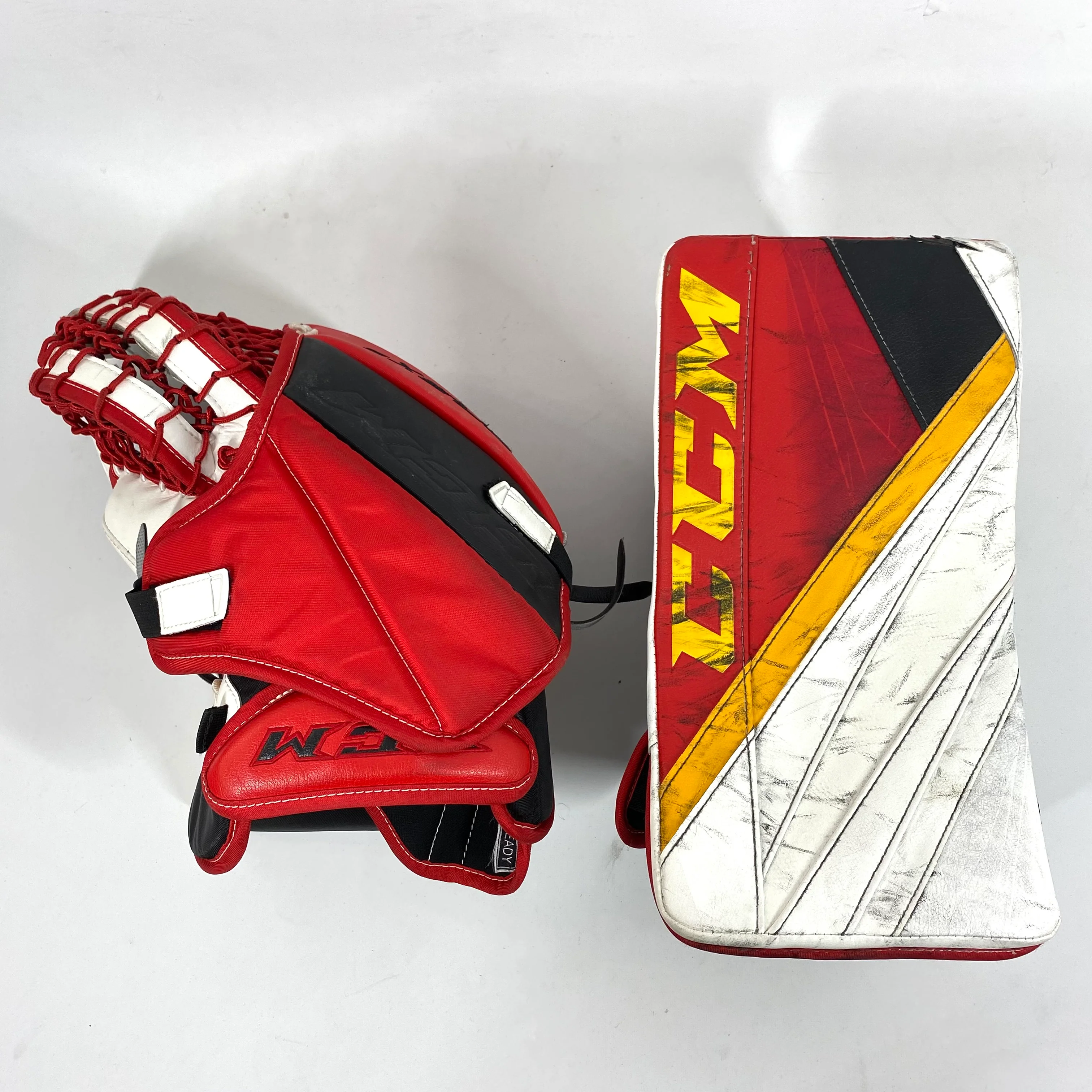 CCM Extreme Flex 5 - Used Pro Stock Senior Goalie Full Set - Full Right (White/Black/Red/Yellow) - Image 6