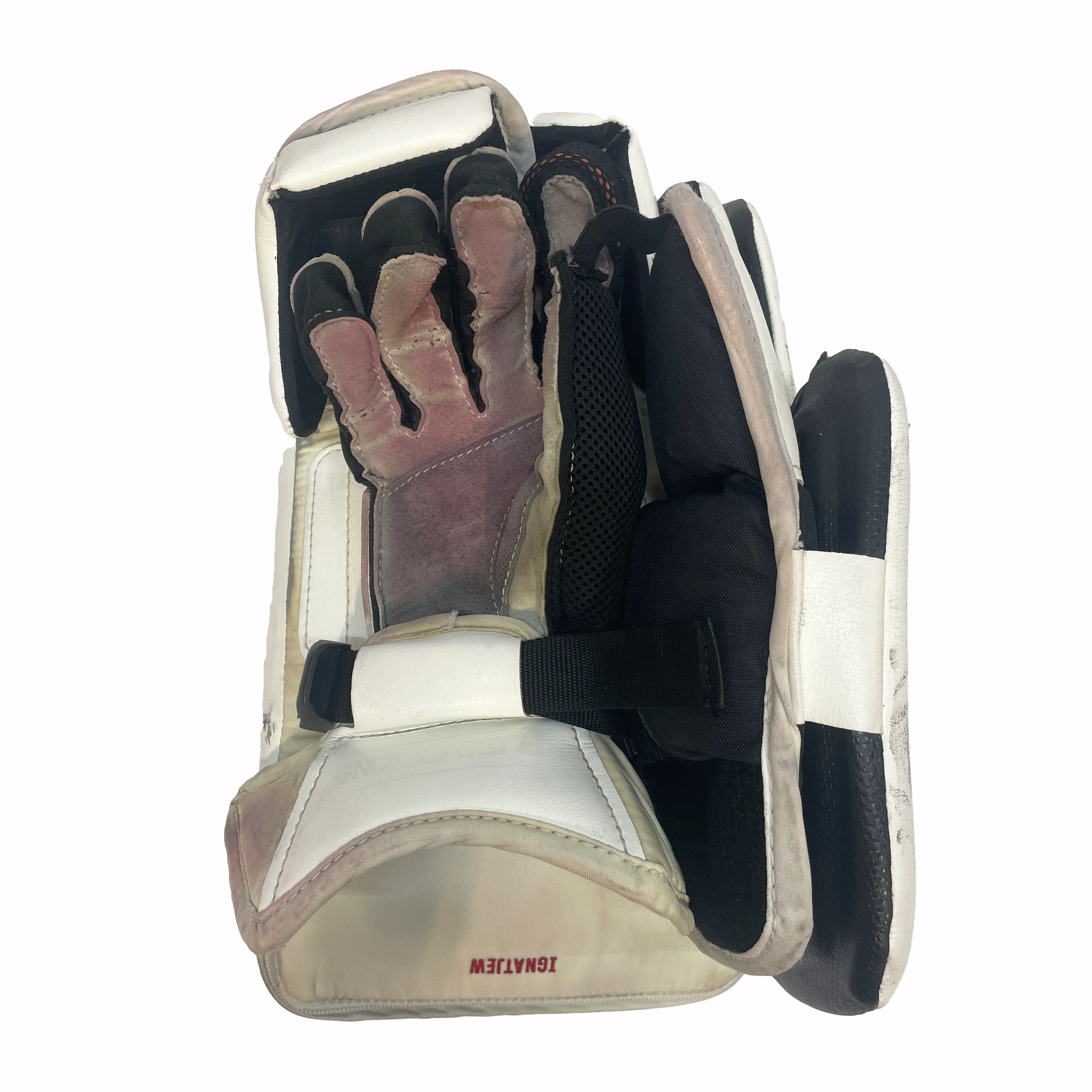CCM Extreme Flex 6 - Used AHL Pro Stock Goalie Blocker (White/Red) - Image 3