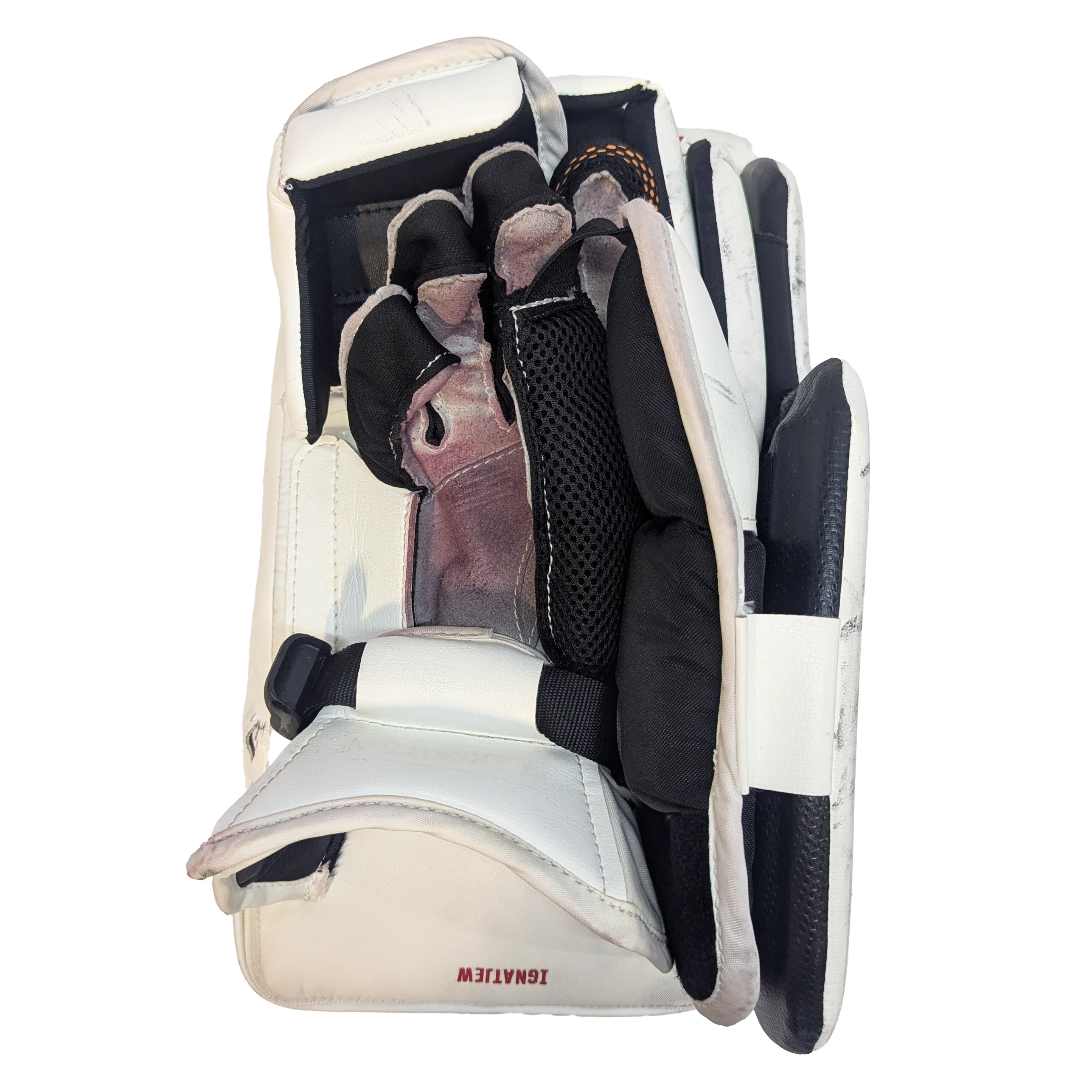 CCM Extreme Flex 6 - Used AHL Pro Stock Goalie Blocker (White/Red/Yellow) - Image 2