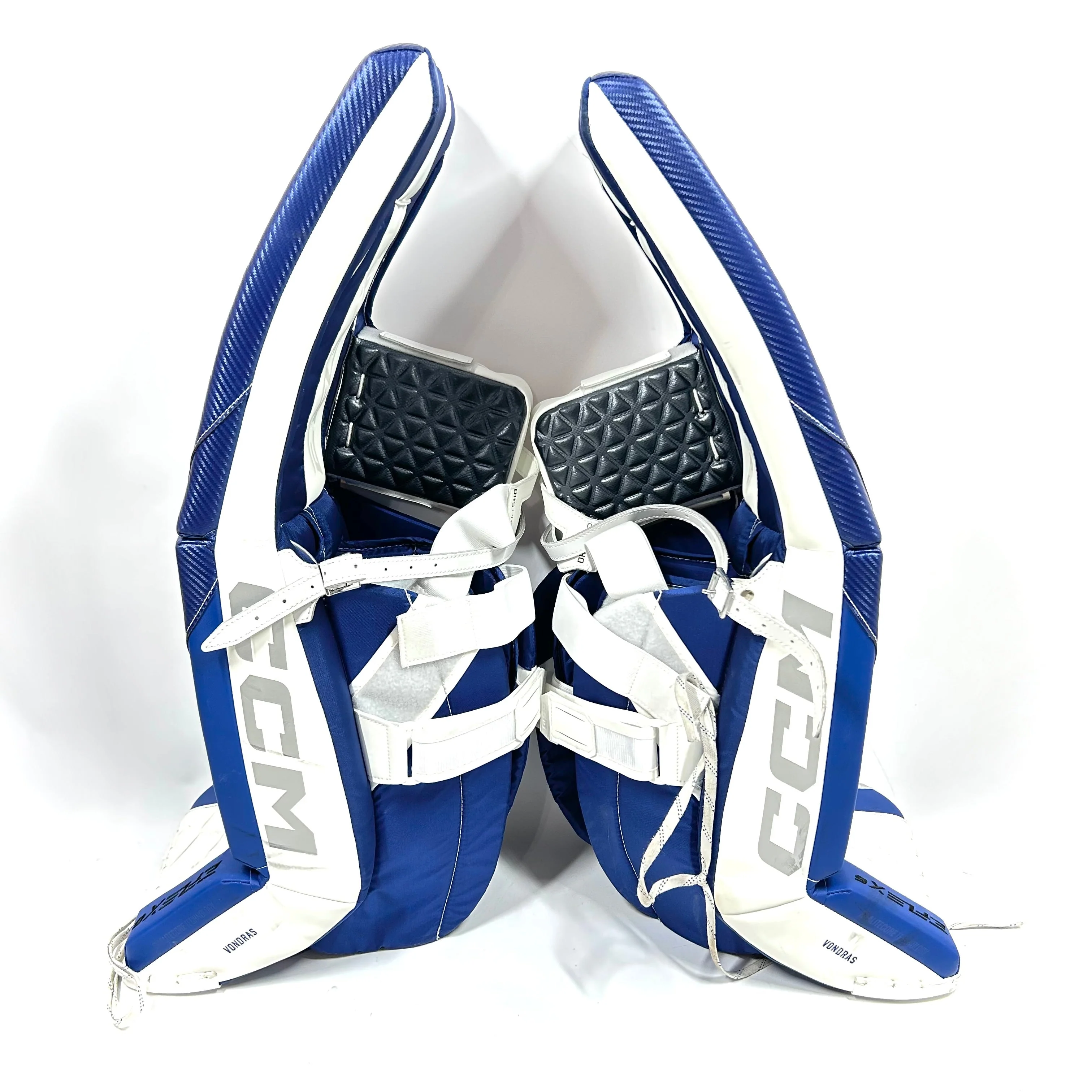 CCM Extreme Flex 6 - Used CHL Pro Stock Senior Goalie Pads (White/Blue) - Image 4