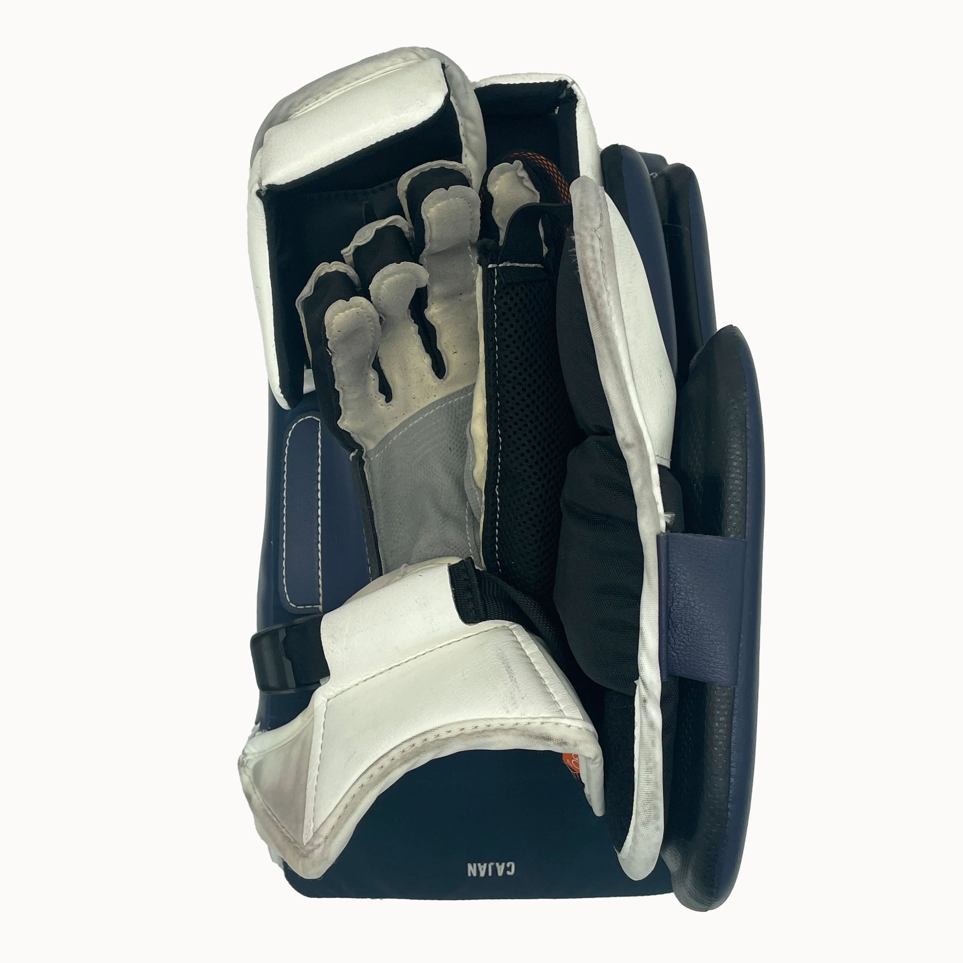 CCM Extreme Flex 6 - Used Pro Stock Goalie Blocker (White/Blue) - Columbus Blue Jackets - Image 3