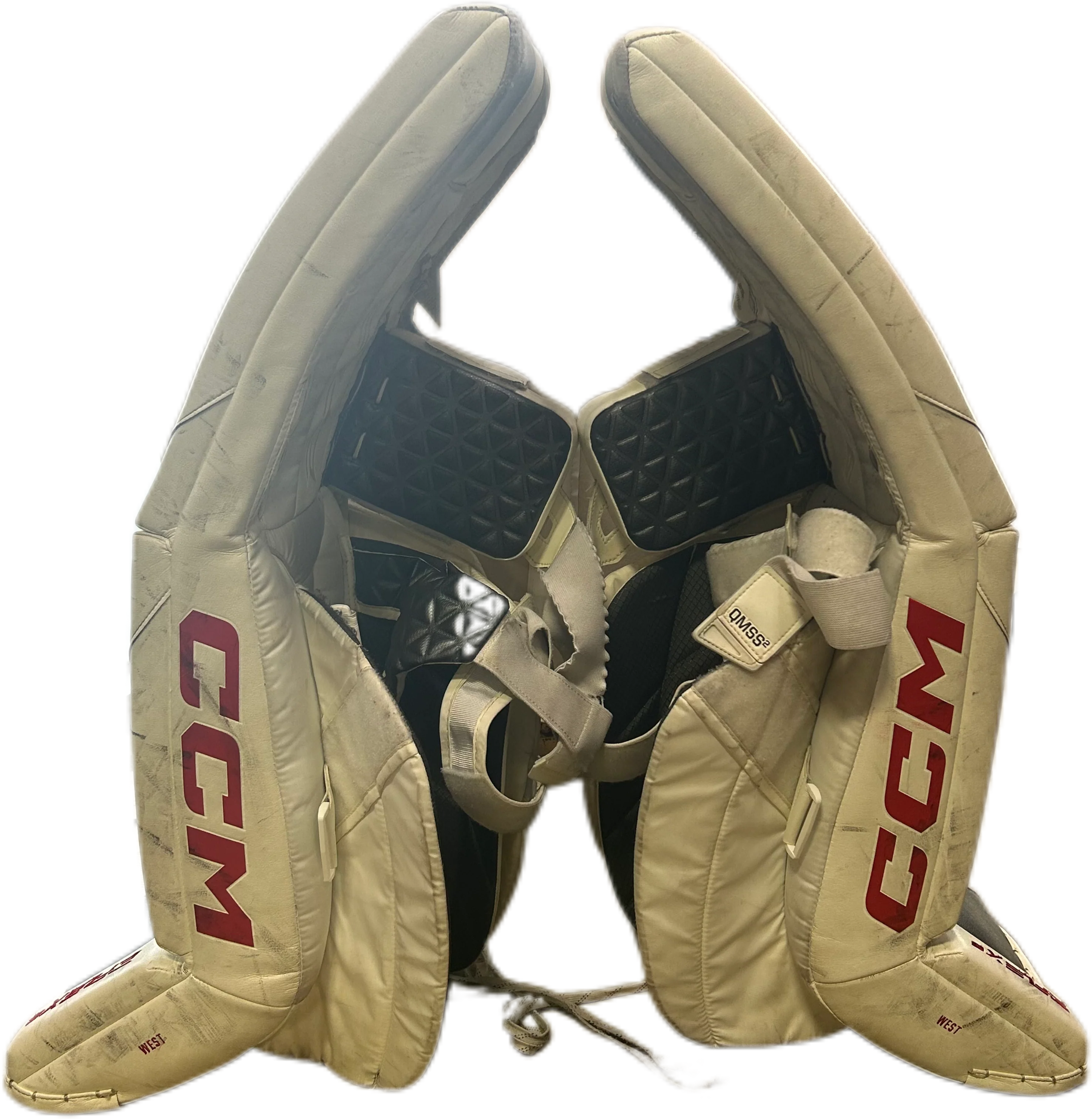 CCM Extreme Flex 6 - Used Pro Stock Goalie Pads (White/Navy/Yellow) - Image 4