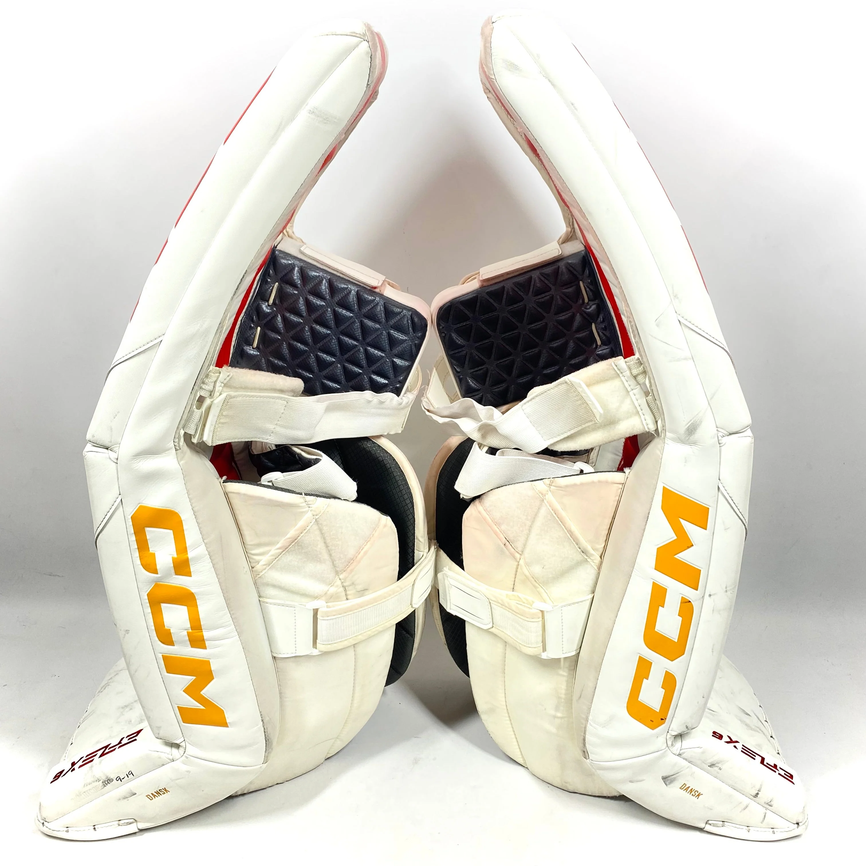 CCM Extreme Flex 6 - Used Pro Stock Goalie Pads (White/Red/Yellow) - Image 3