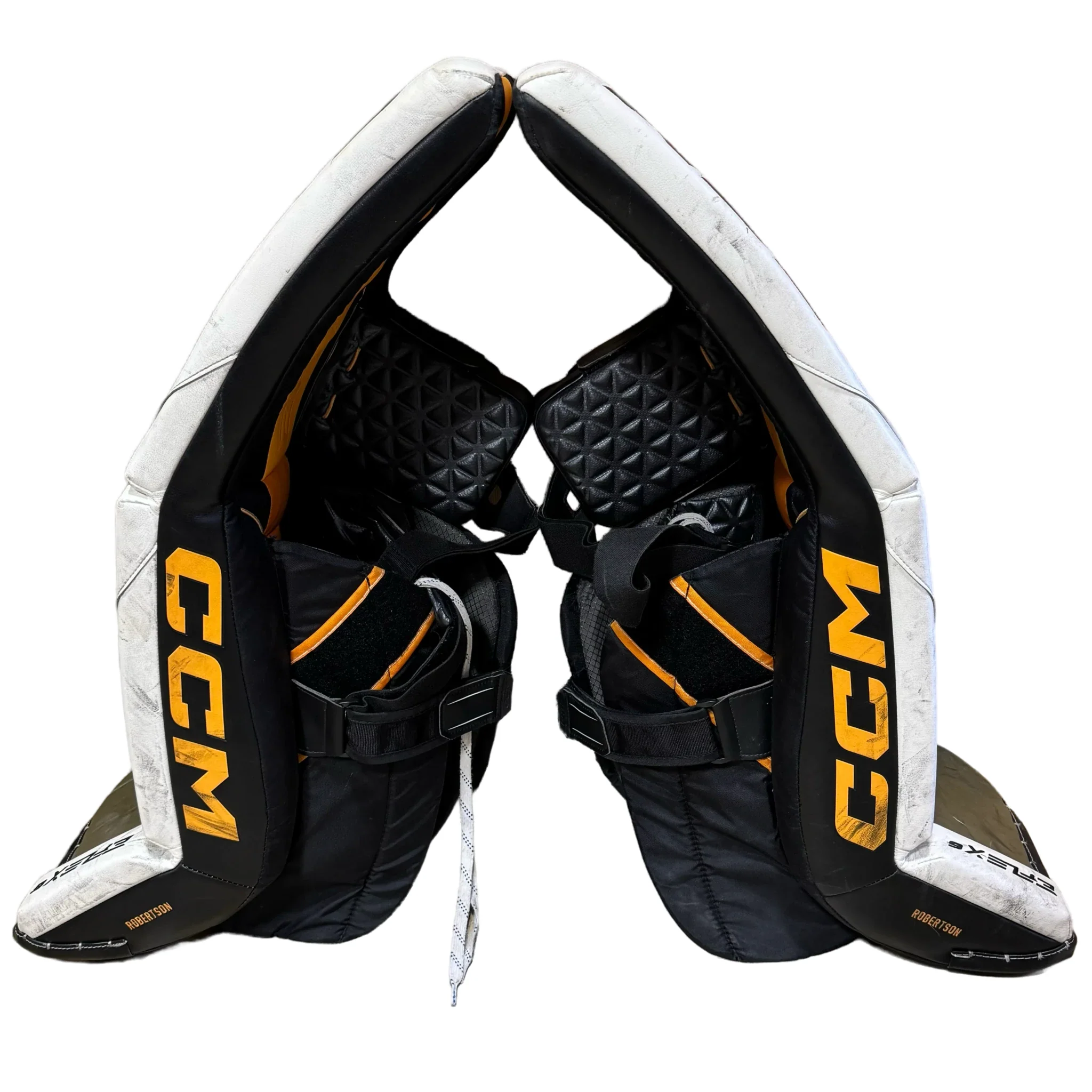 CCM Extreme Flex 6 - Used Pro Stock Goalie Pads (White/Green/Yellow/Black) - Image 3