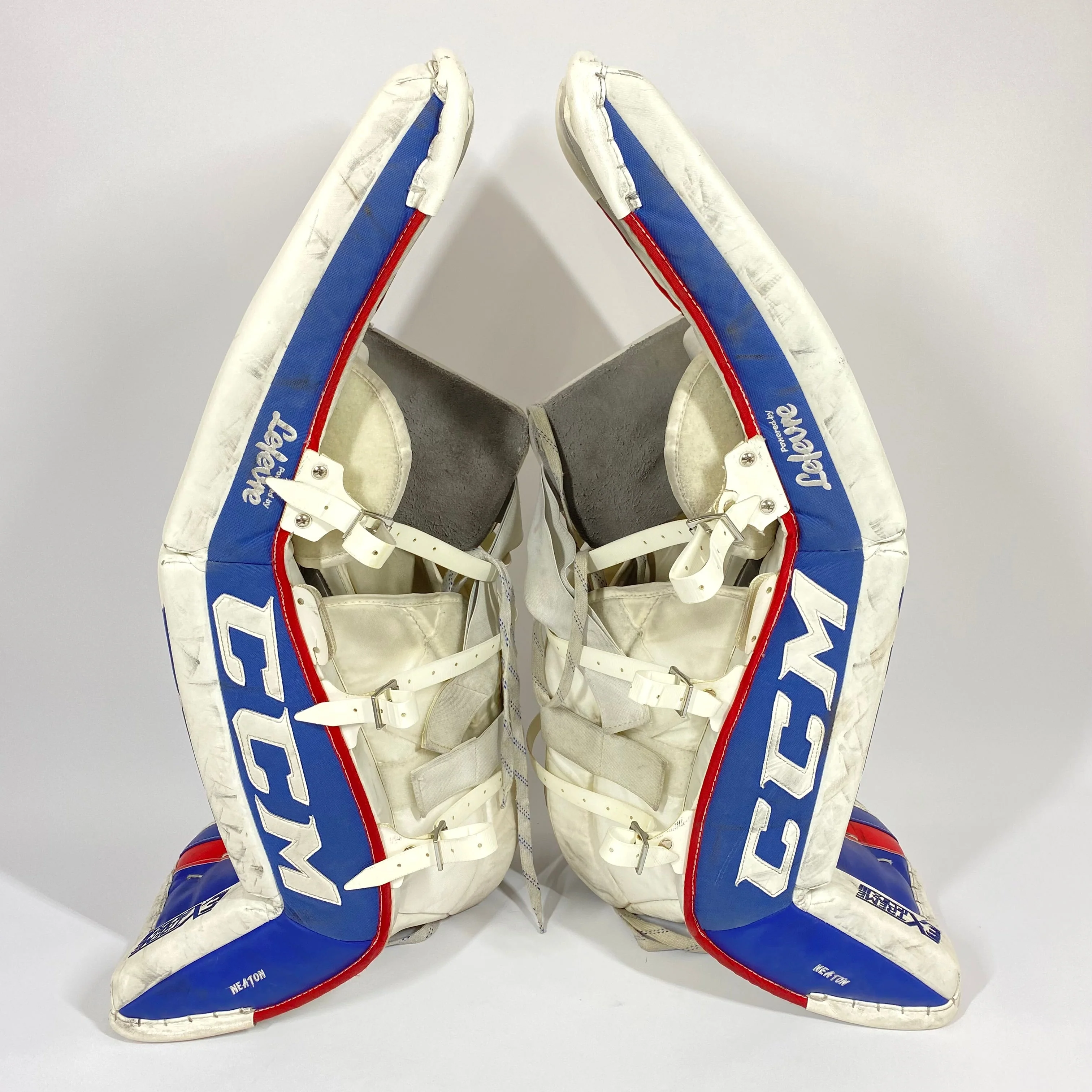 CCM Extreme Flex III - Used Pro Stock Goalie Pads - Full Set (White/Blue/Red) - Image 4