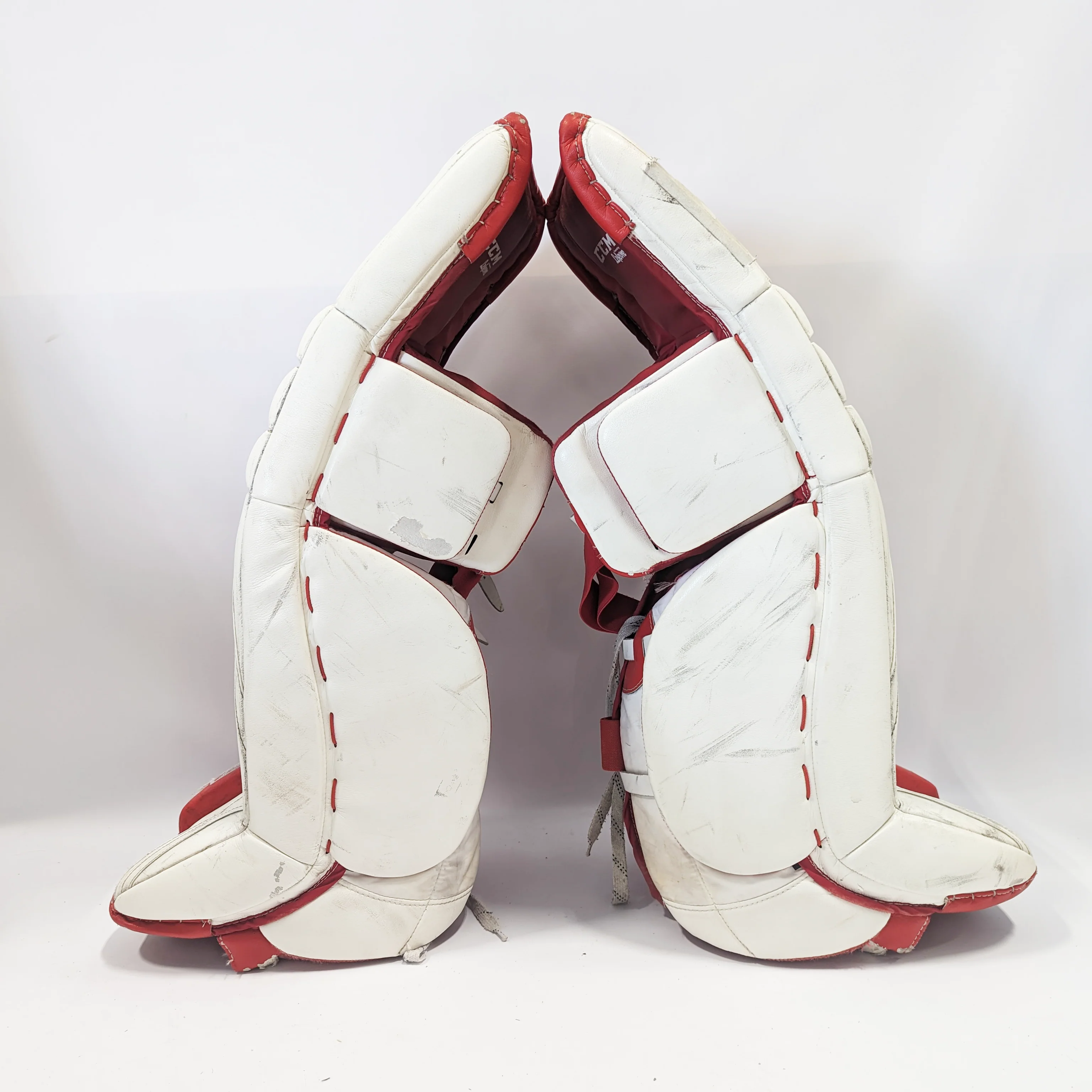 CCM Extreme Flex III - Used Pro Stock Senior Goalie Pads (White/Red) - Image 2