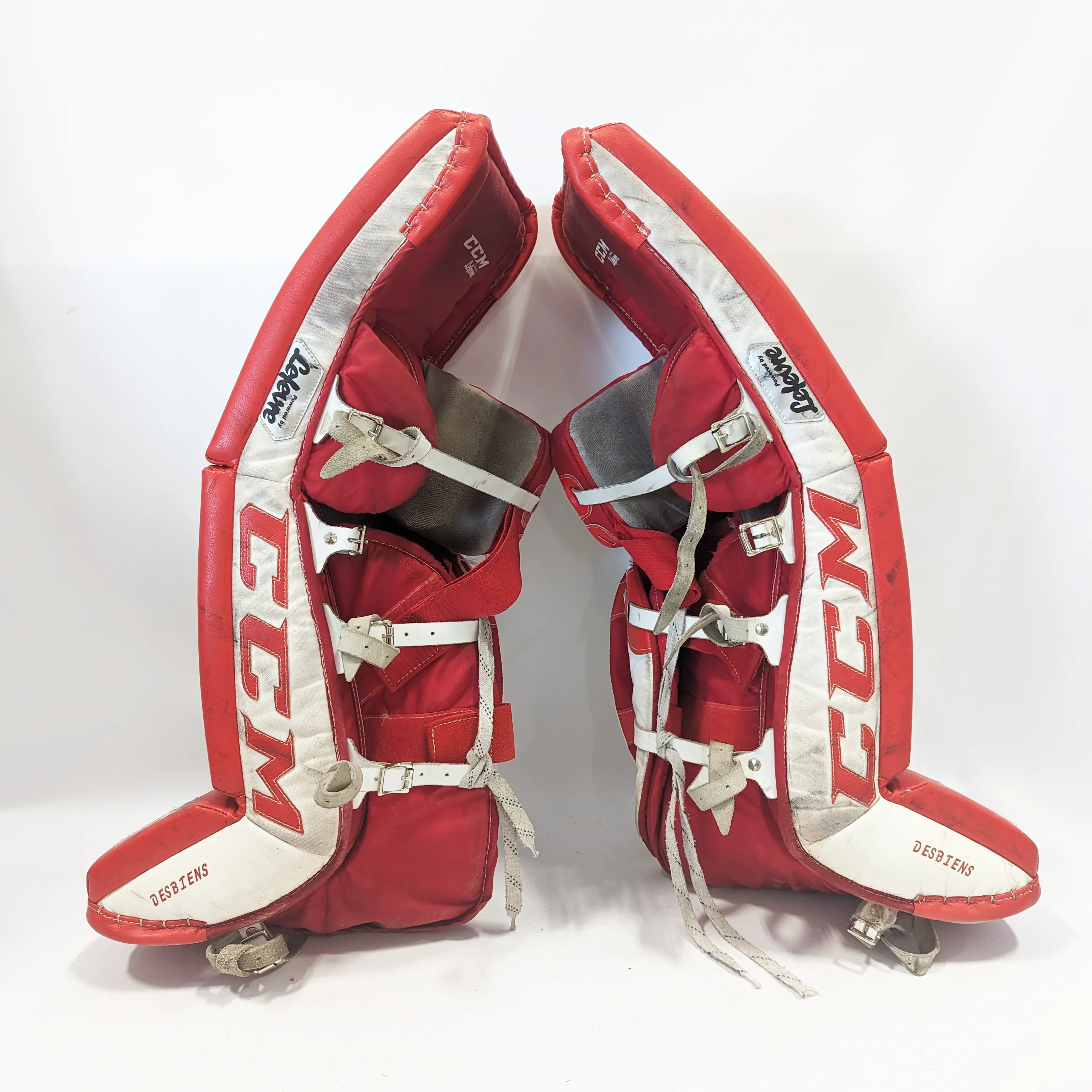 CCM Extreme Flex III - Used Pro Stock Senior Goalie Pads (White/Red) - Image 3
