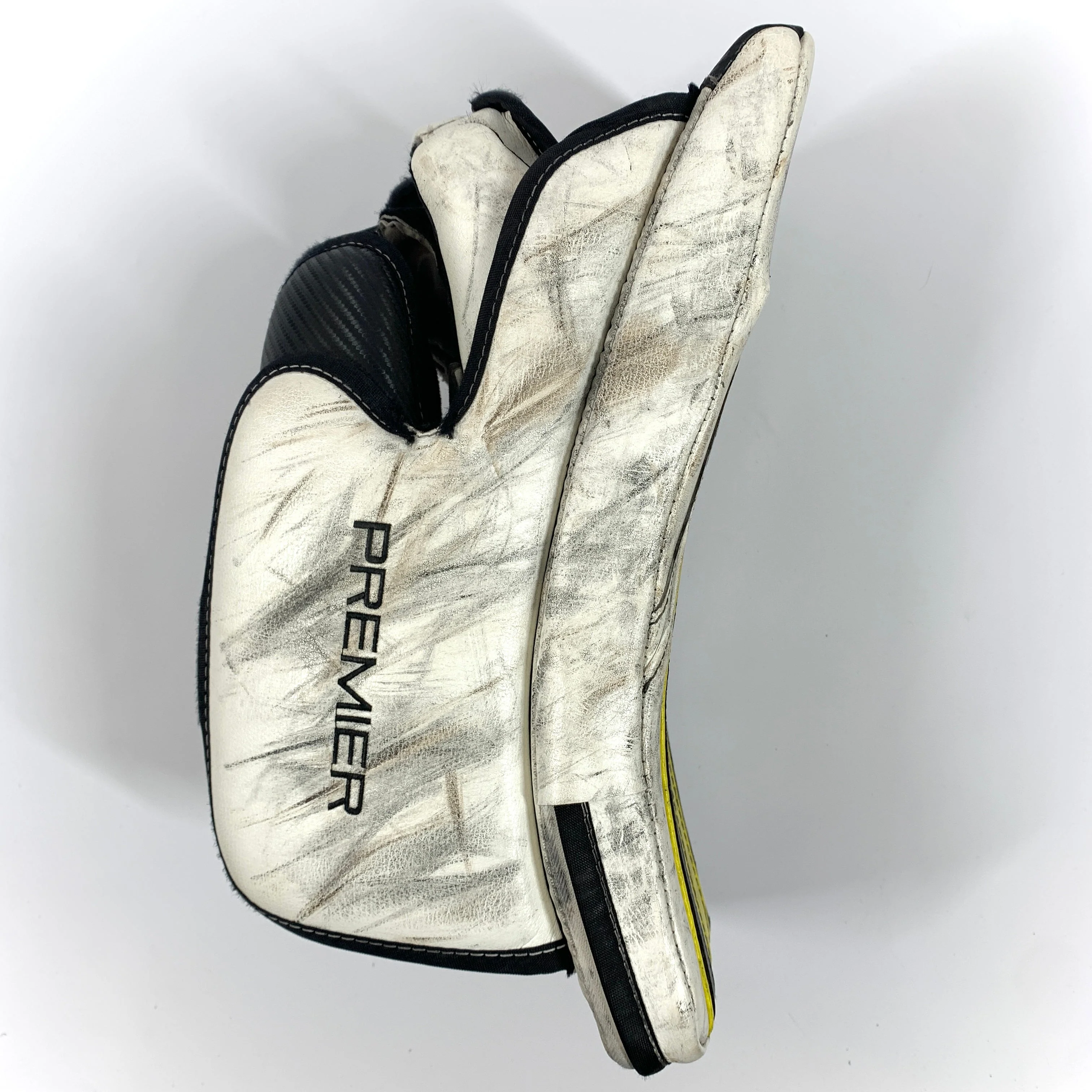 CCM Premier Pro - Used Pro Stock Goalie Blocker (White/Yellow/Black) - Image 2