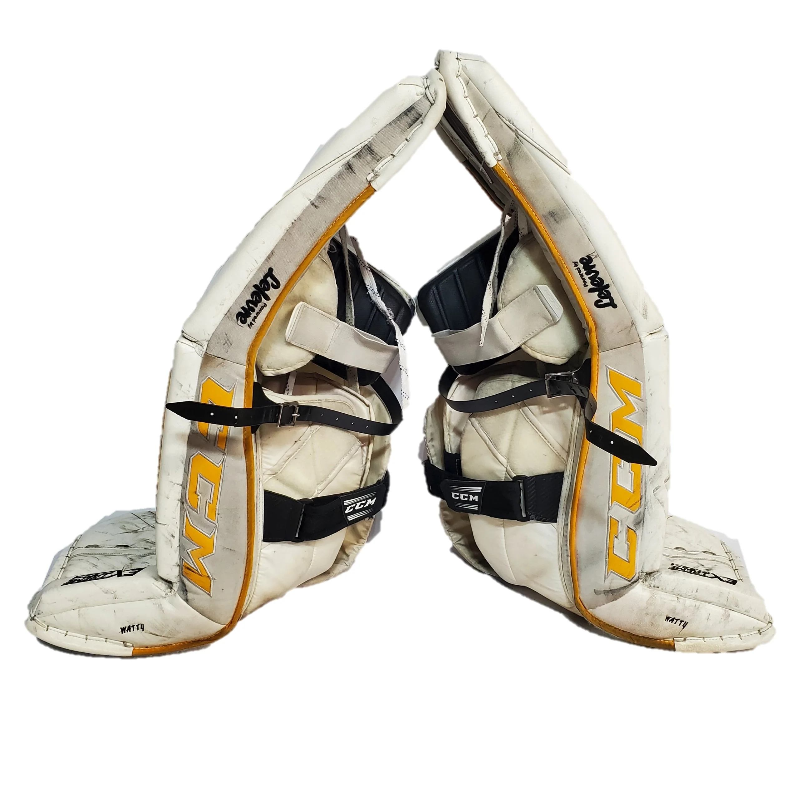 CCM Extreme Flex IV - Used Pro Stock Goalie Pads - (White/Yellow/Black) - Image 2