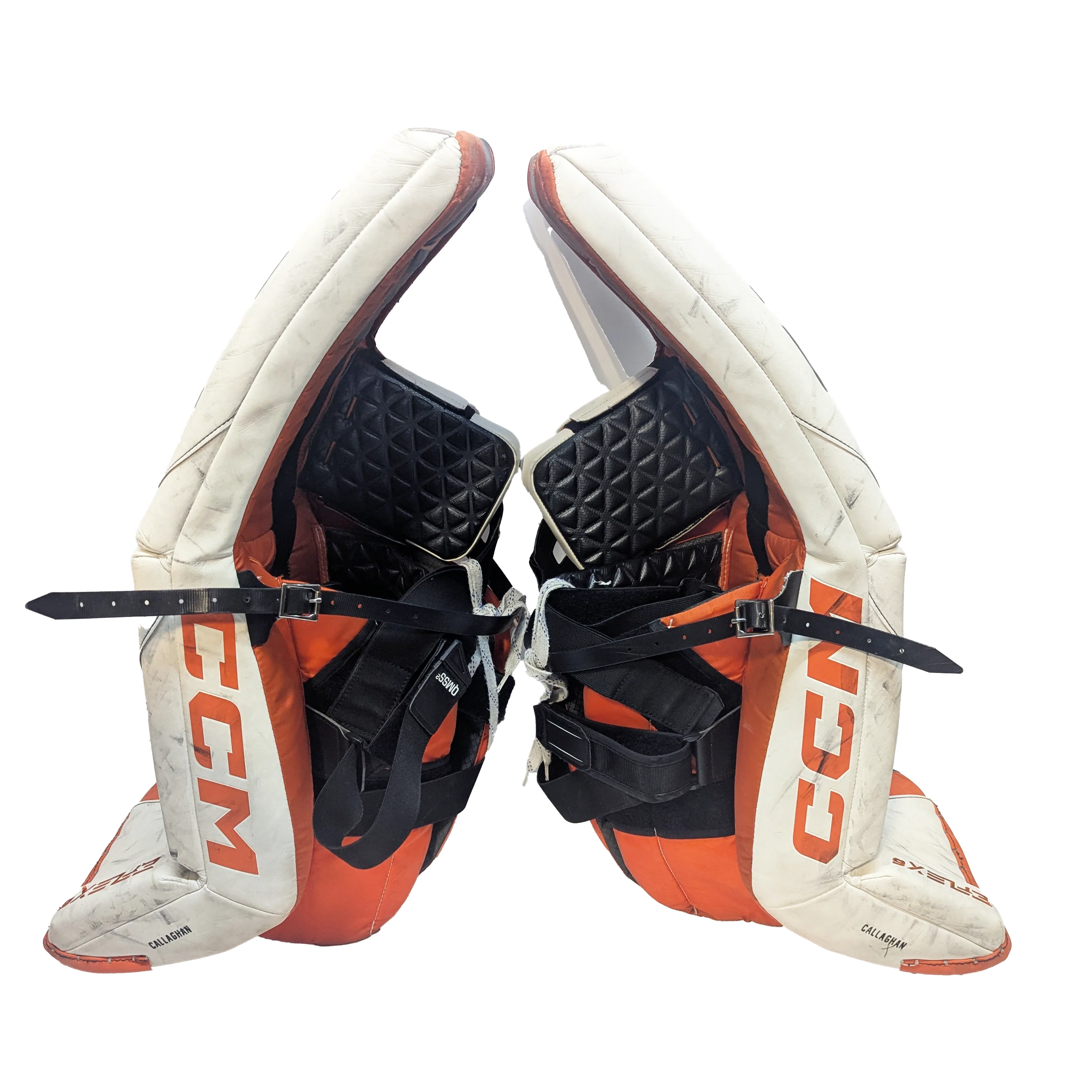 CCM Extreme Flex 6 - NCAA Used Pro Stock Goalie Pads (White/Orange) - Image 4