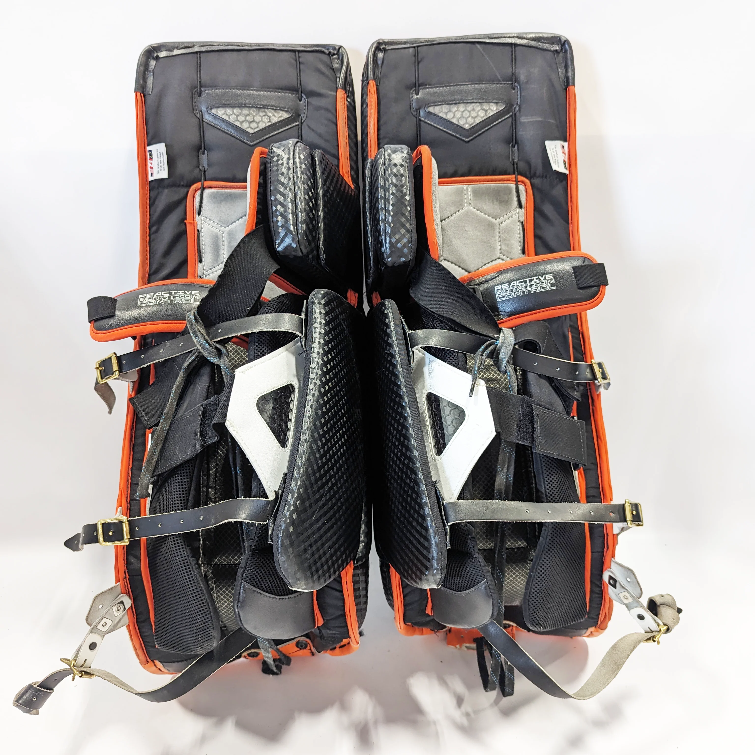 Vaughn Ventus SLR - Used NCCA Pro Stock Goalie Pads (Black/Orange/White) - Image 4