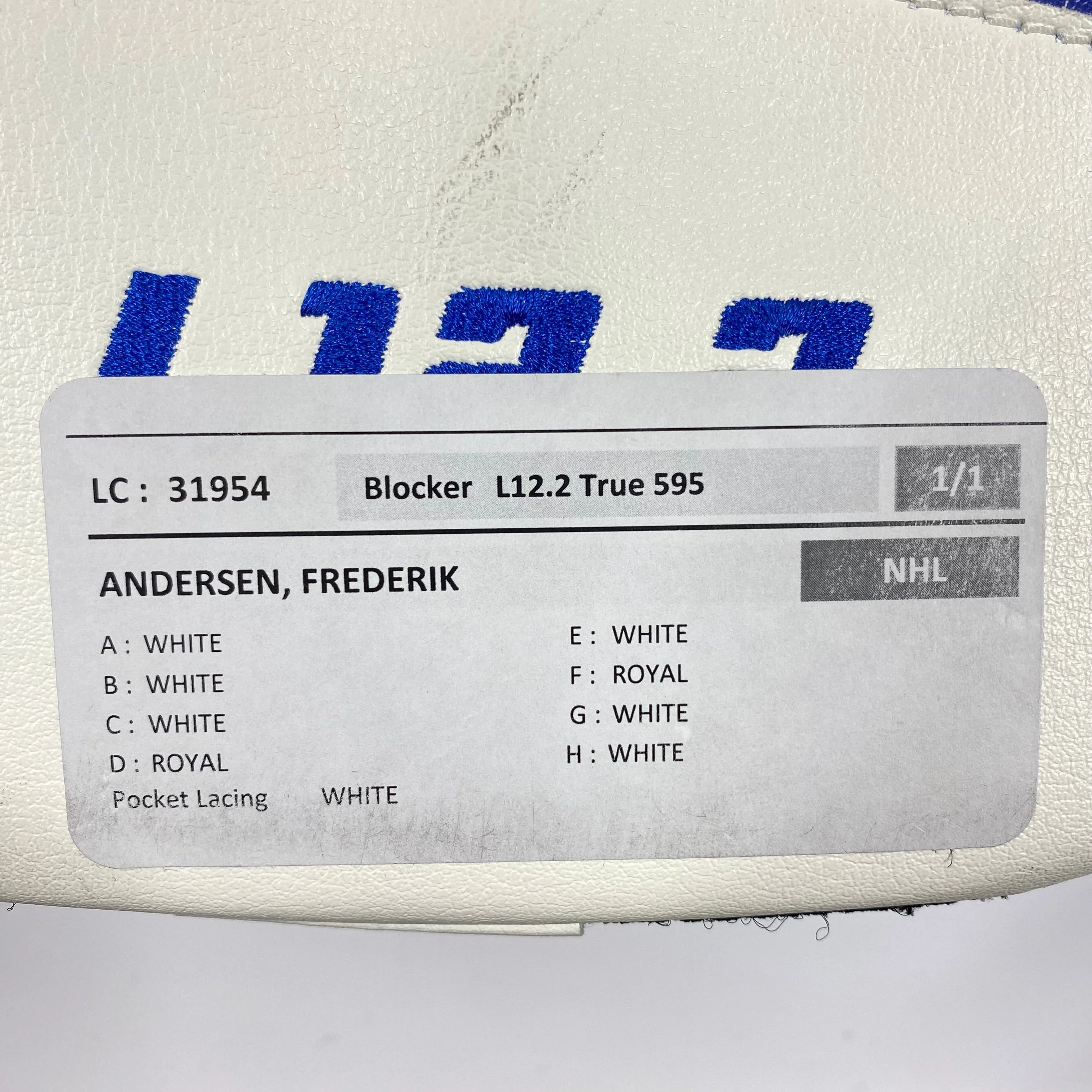 New True L12.2 - Frederick Andersen NHL Pro Stock Goalie Blocker (White/Blue) - Image 4