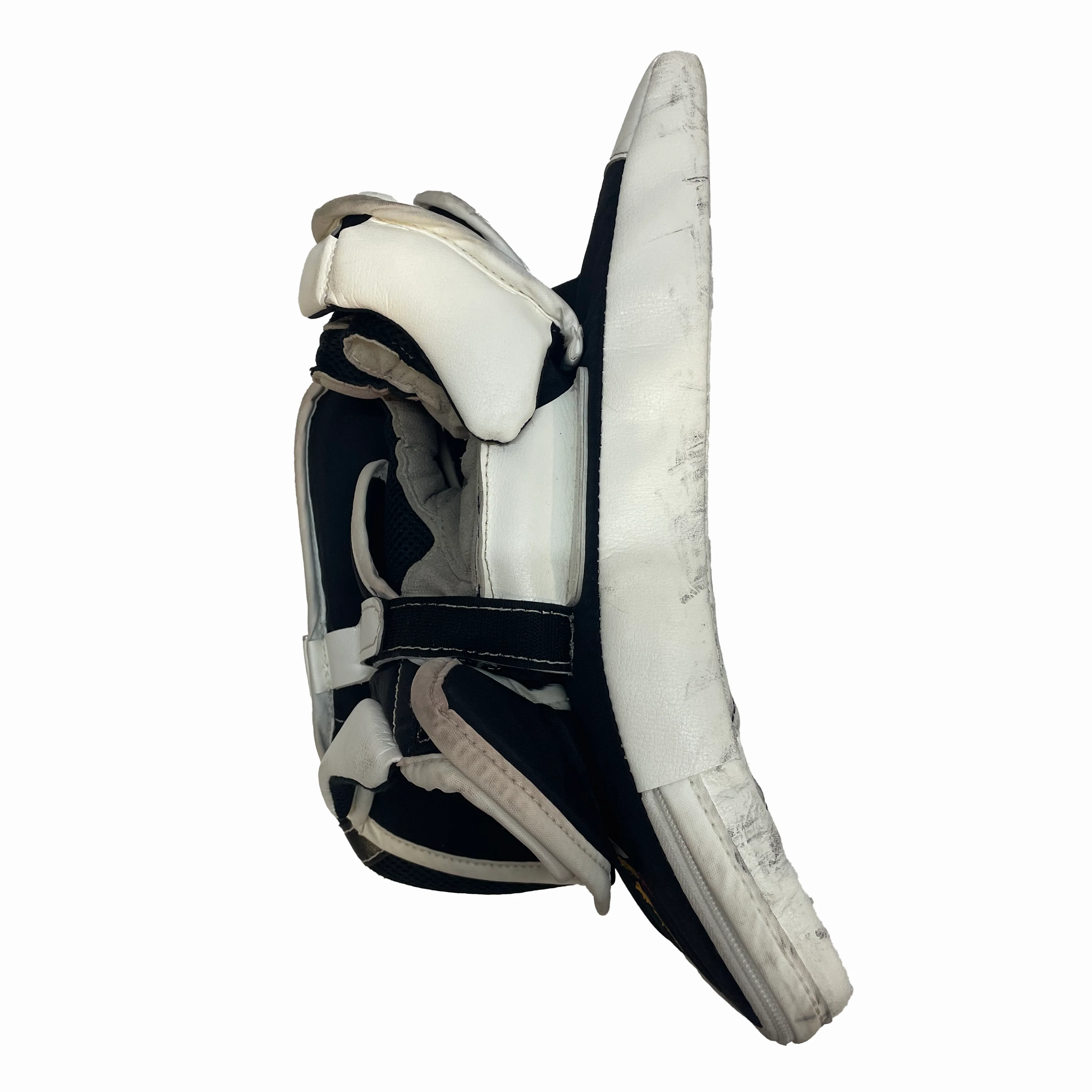 True HZRDUS PX4 - Used Full Right Pro Stock Goalie Blocker - Brandon Bussi (White/Black/Yellow) - Image 2